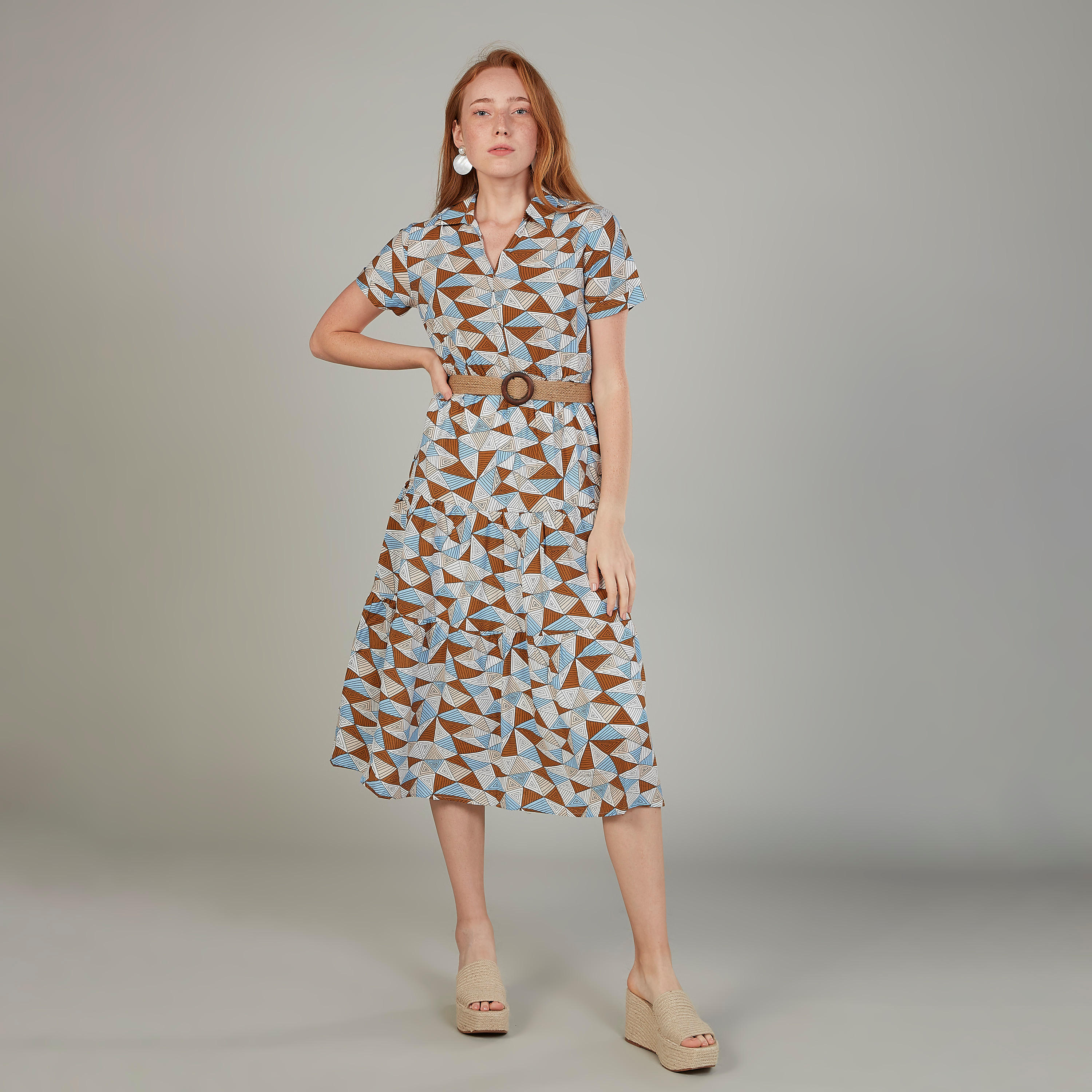 فستان ميدي ايه لاين بياقة V وأكمام قصيرة وطبعات-women-clothing-dresses-image-2