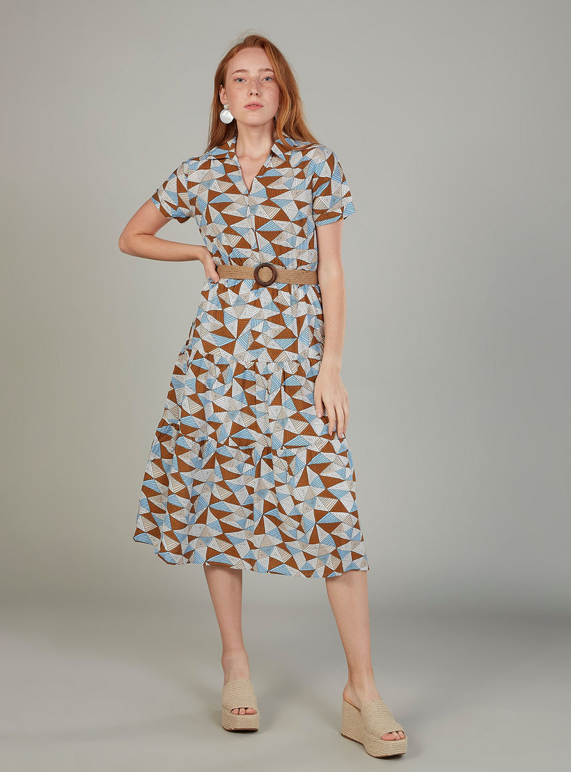 فستان ميدي ايه لاين بياقة V وأكمام قصيرة وطبعات-women-clothing-dresses-image-2