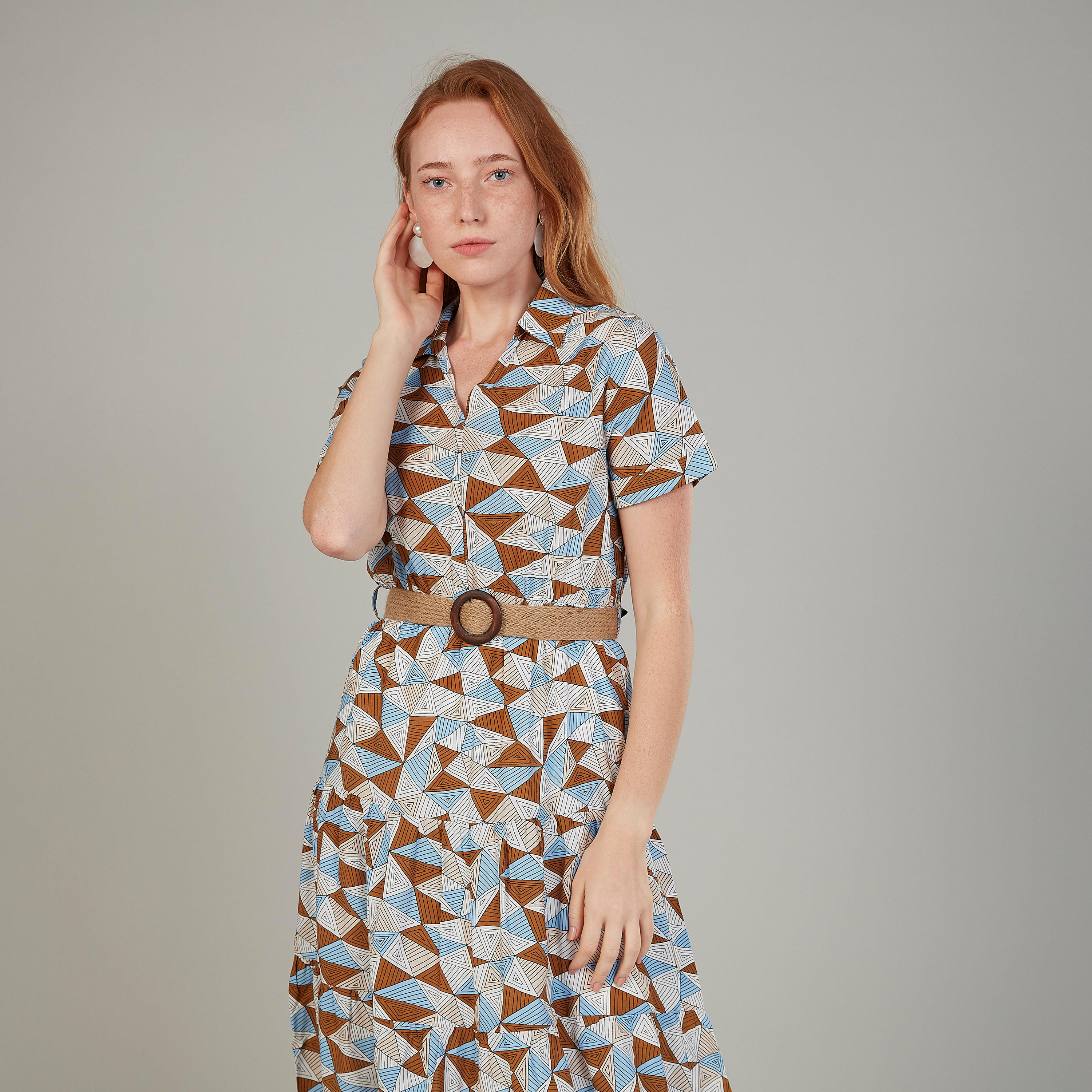 فستان ميدي ايه لاين بياقة V وأكمام قصيرة وطبعات-women-clothing-dresses-image-3
