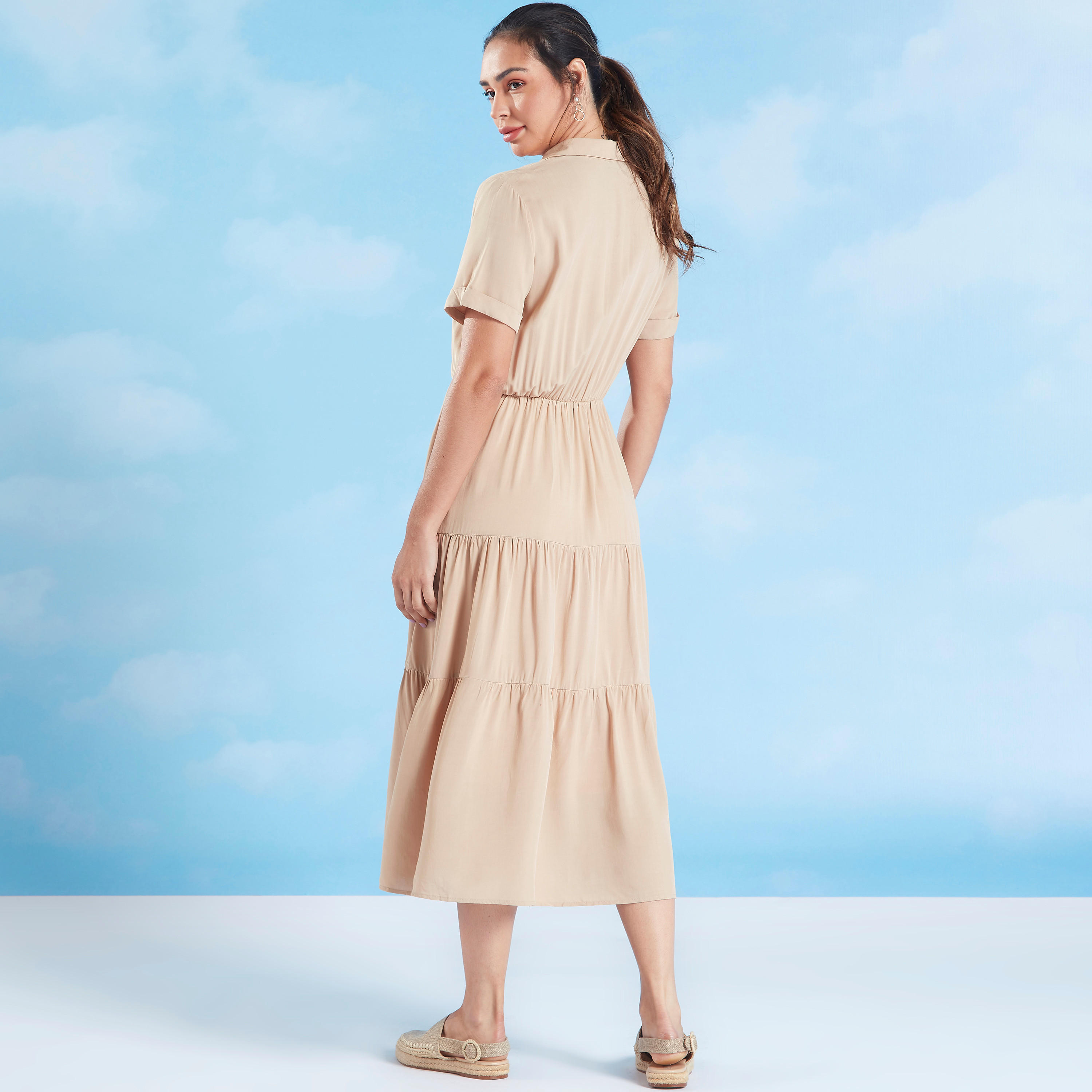 فستان إيه لاين ميدي سادة بياقة عادية وأكمام قصيرة-women-clothing-dresses-image-5