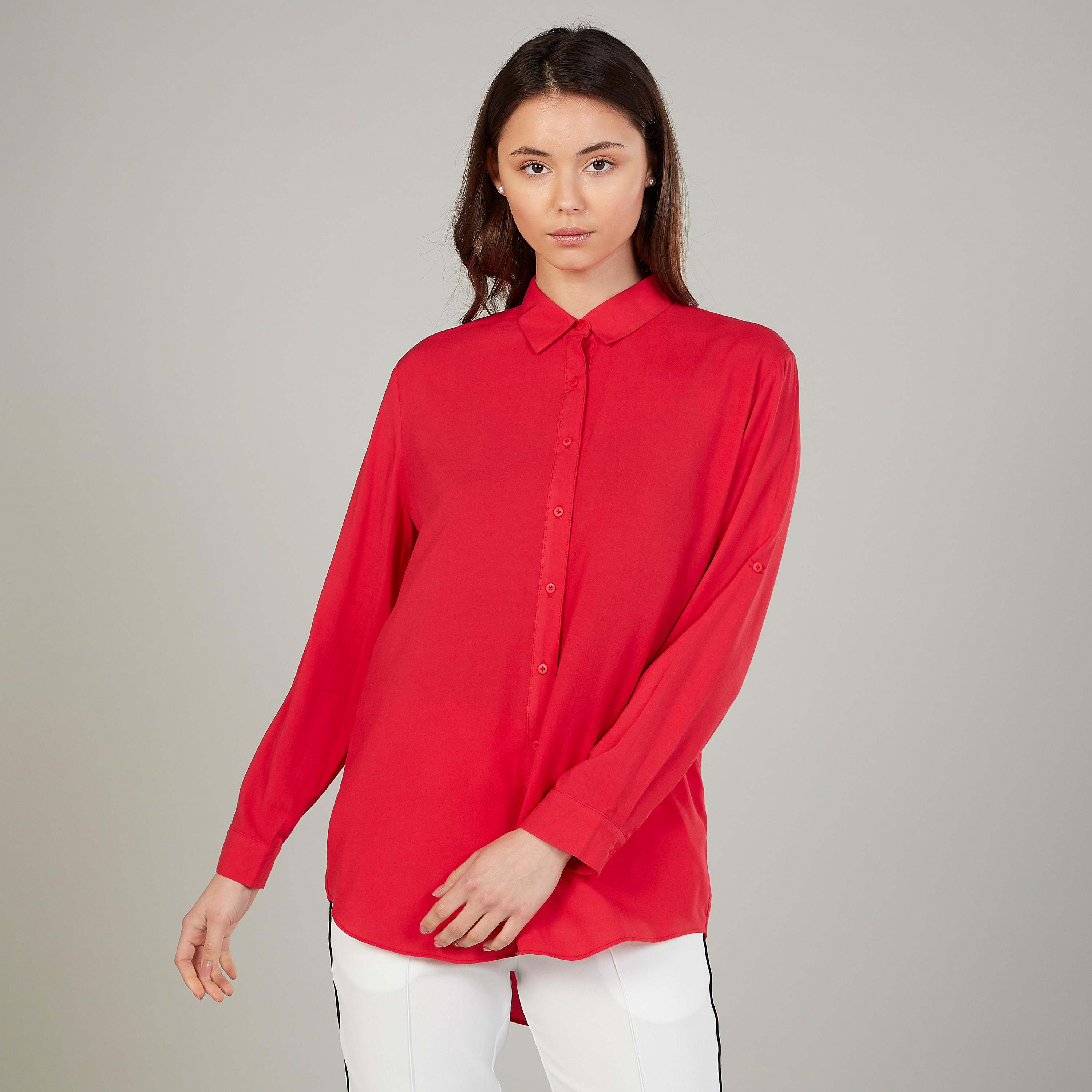 قميص سادة منسوج بياقة عاديّة وأكمام طويلة-women-clothing-shirtsandblouses-shirts-image-1
