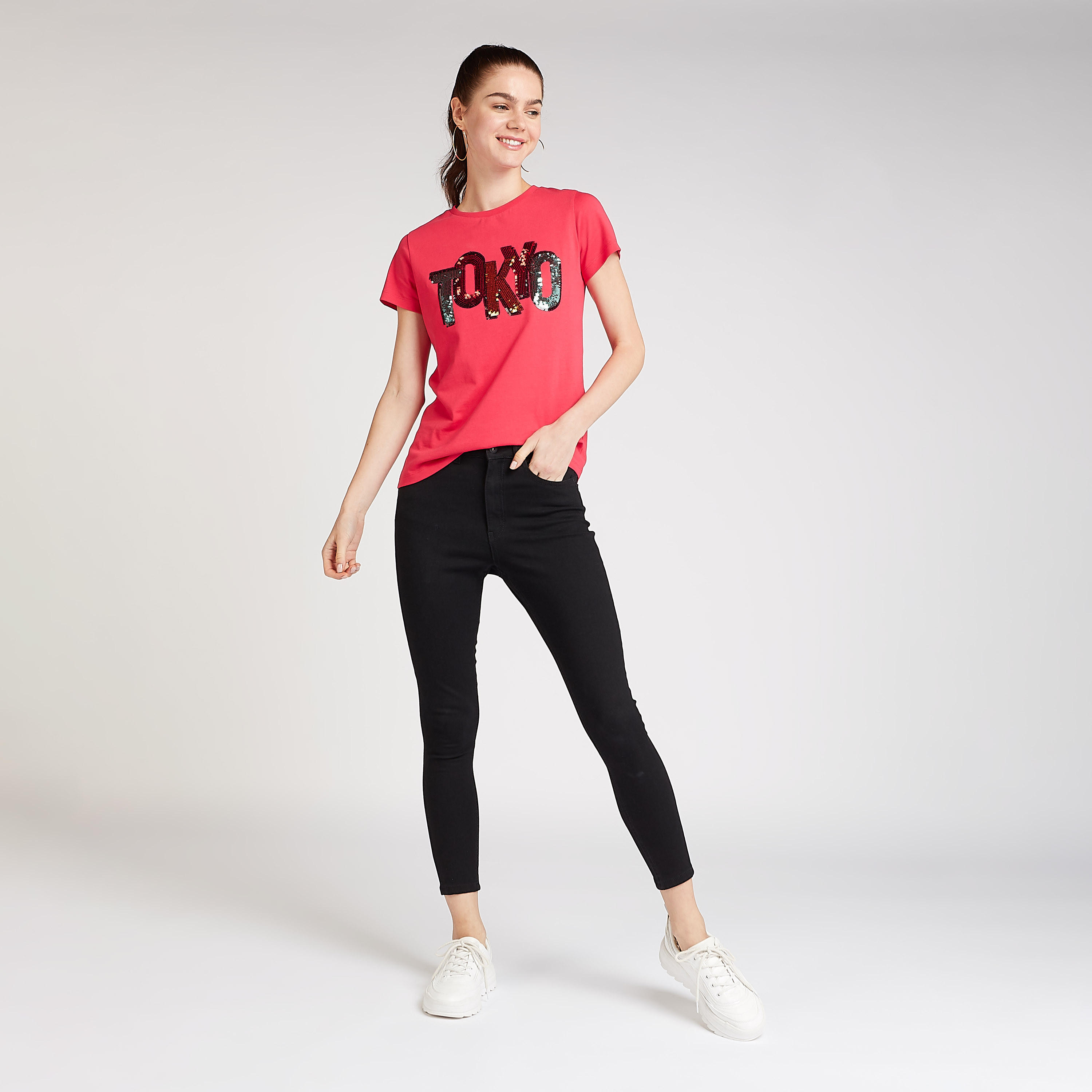 Sequin Detail T-shirt with Crew Neck and Short Sleeves-women-clothing-tshirts-image-2