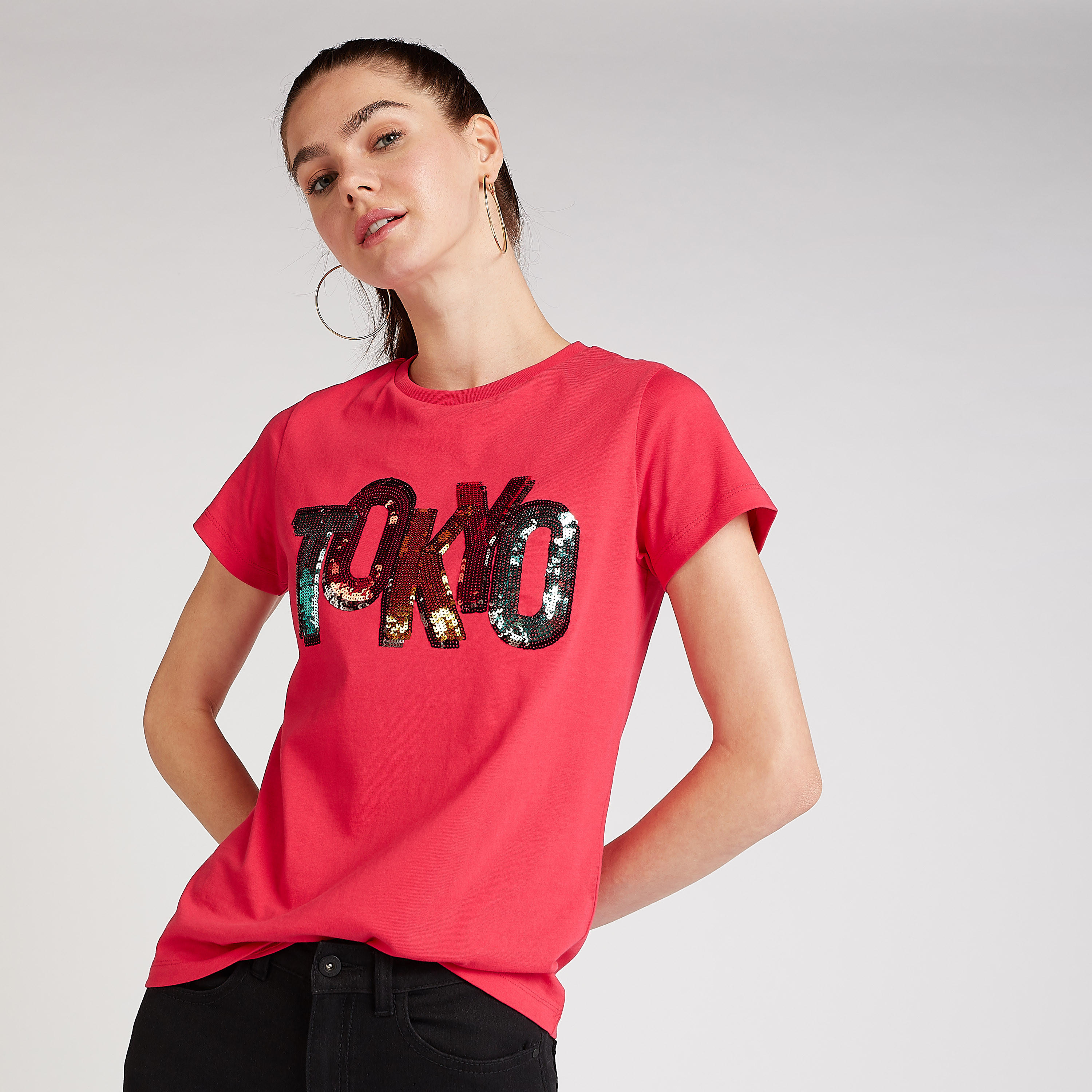 Sequin Detail T-shirt with Crew Neck and Short Sleeves-women-clothing-tshirts-image-1