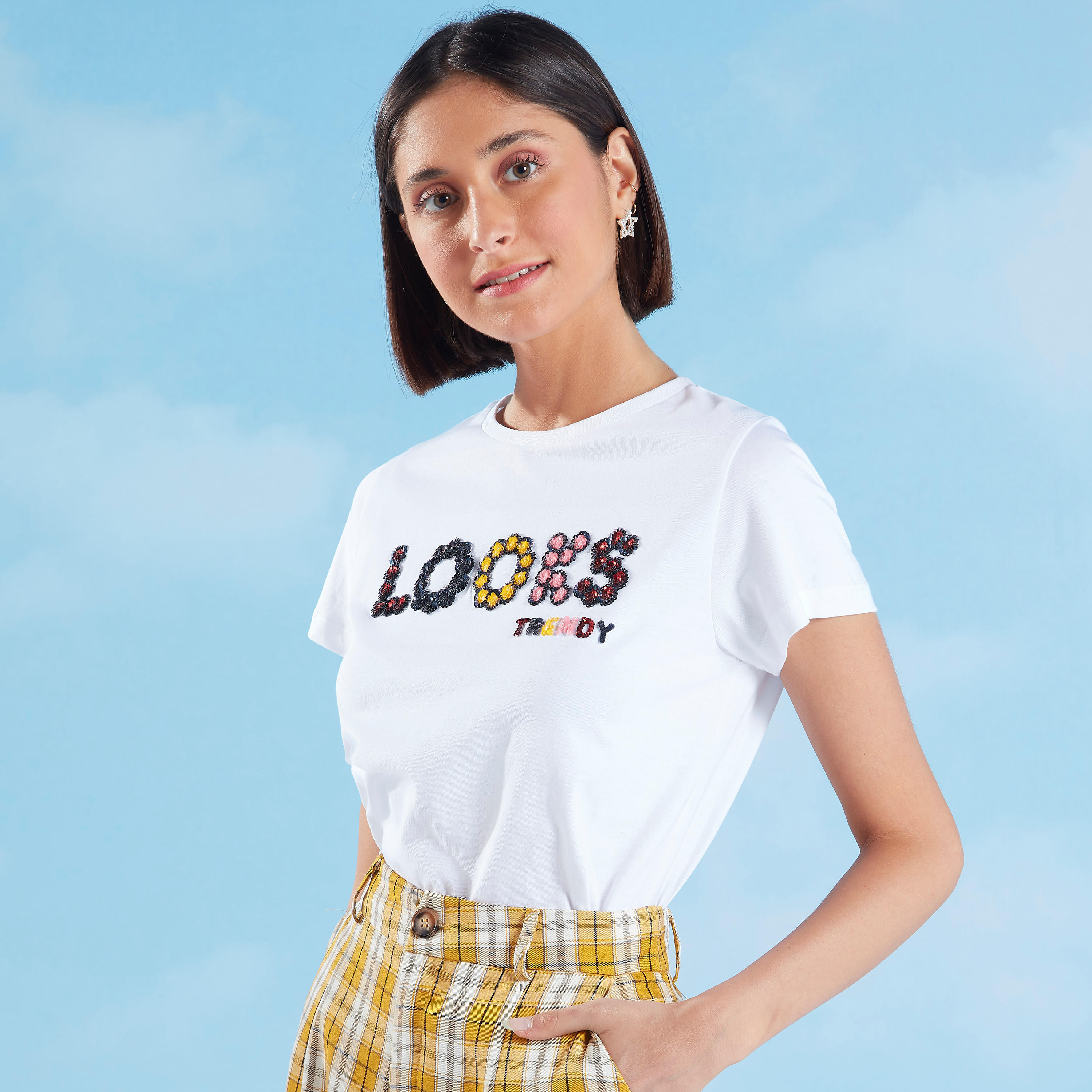 2Xtremz Printed and Embellished Crew Neck T-shirt with Short Sleeves-women-clothing-tshirts-image-1