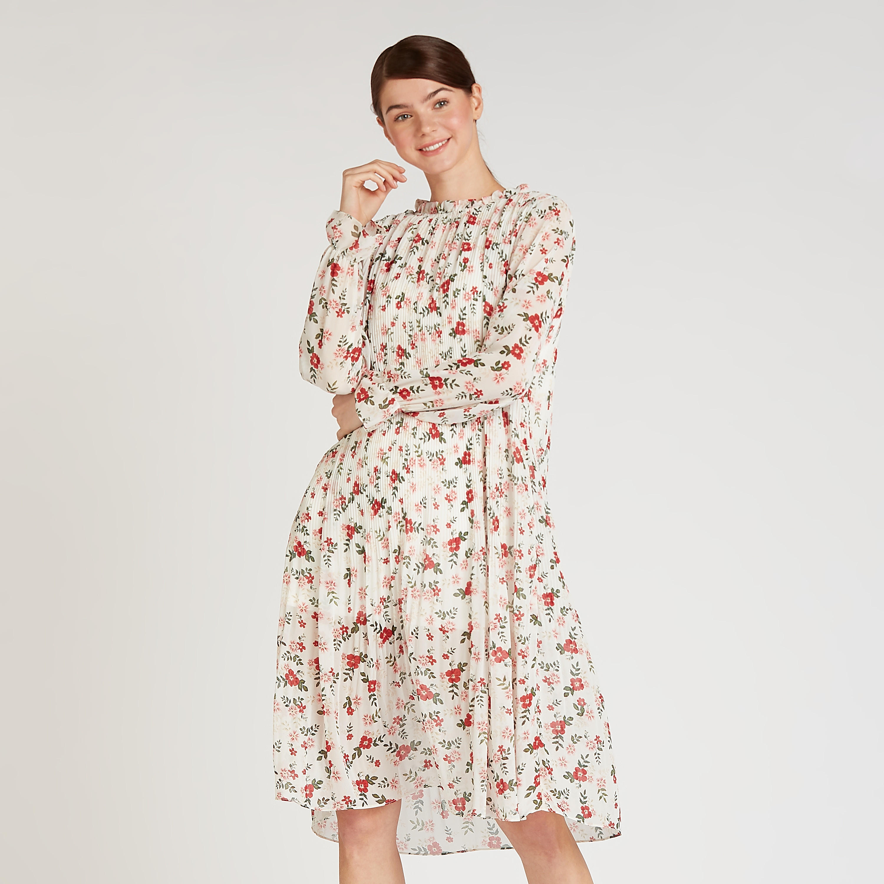 فستان إيه لاين متوسط الطول بأكمام منتفخة وتفاصيل كشكش وطبعات-women-clothing-dresses-image-1