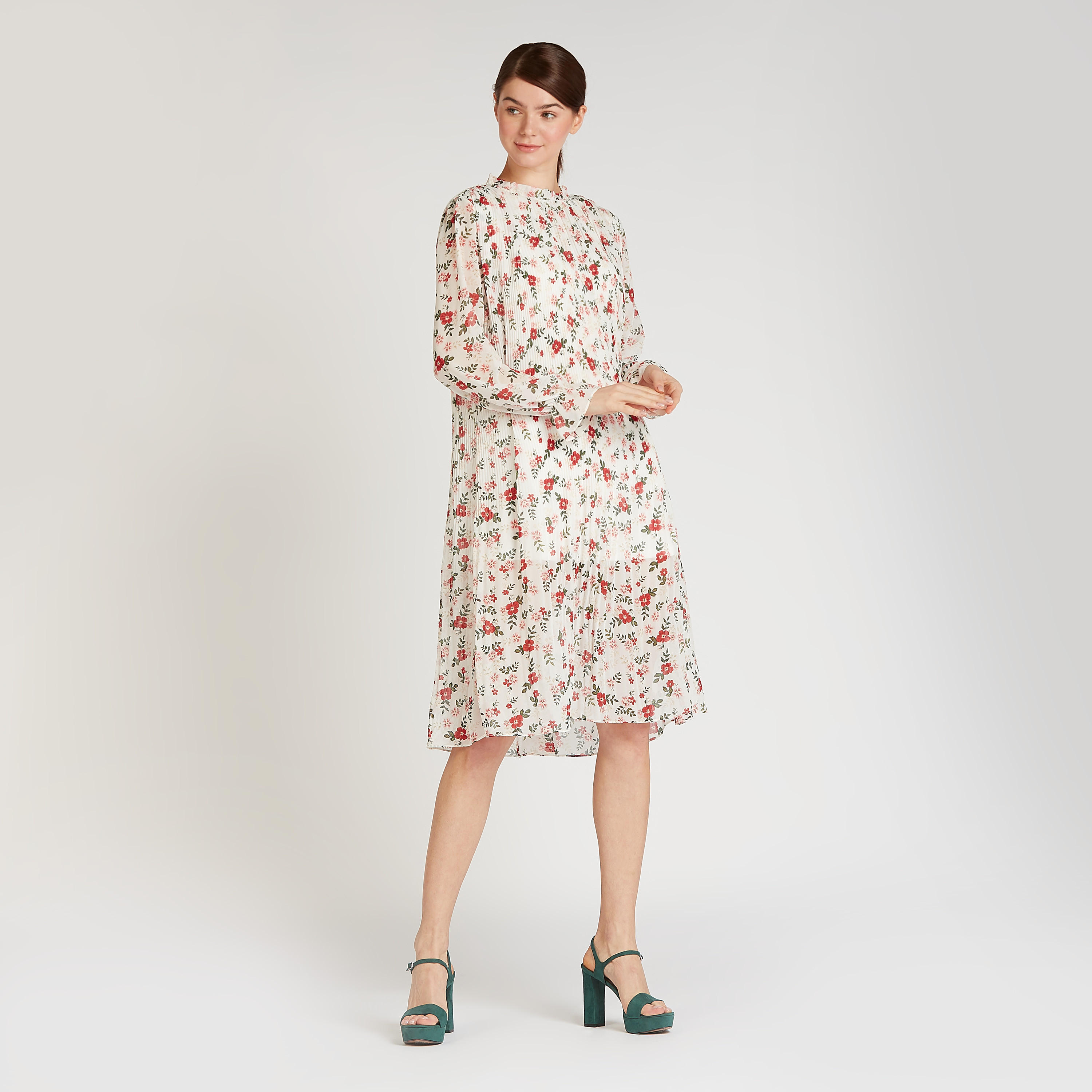 فستان إيه لاين متوسط الطول بأكمام منتفخة وتفاصيل كشكش وطبعات-women-clothing-dresses-image-2