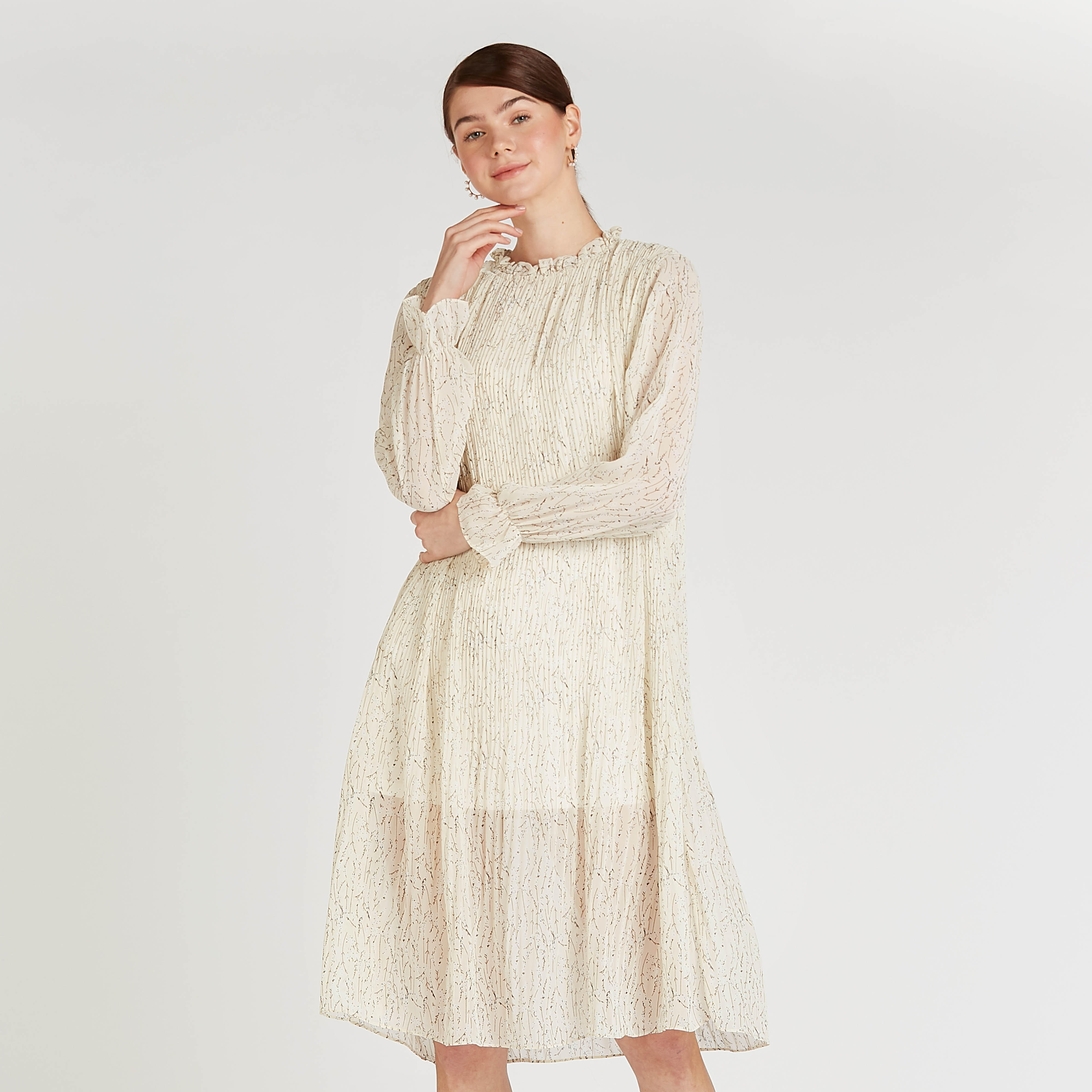 فستان إيه لاين متوسط الطول بأكمام منتفخة وتفاصيل كشكش وطبعات-women-clothing-dresses-image-1