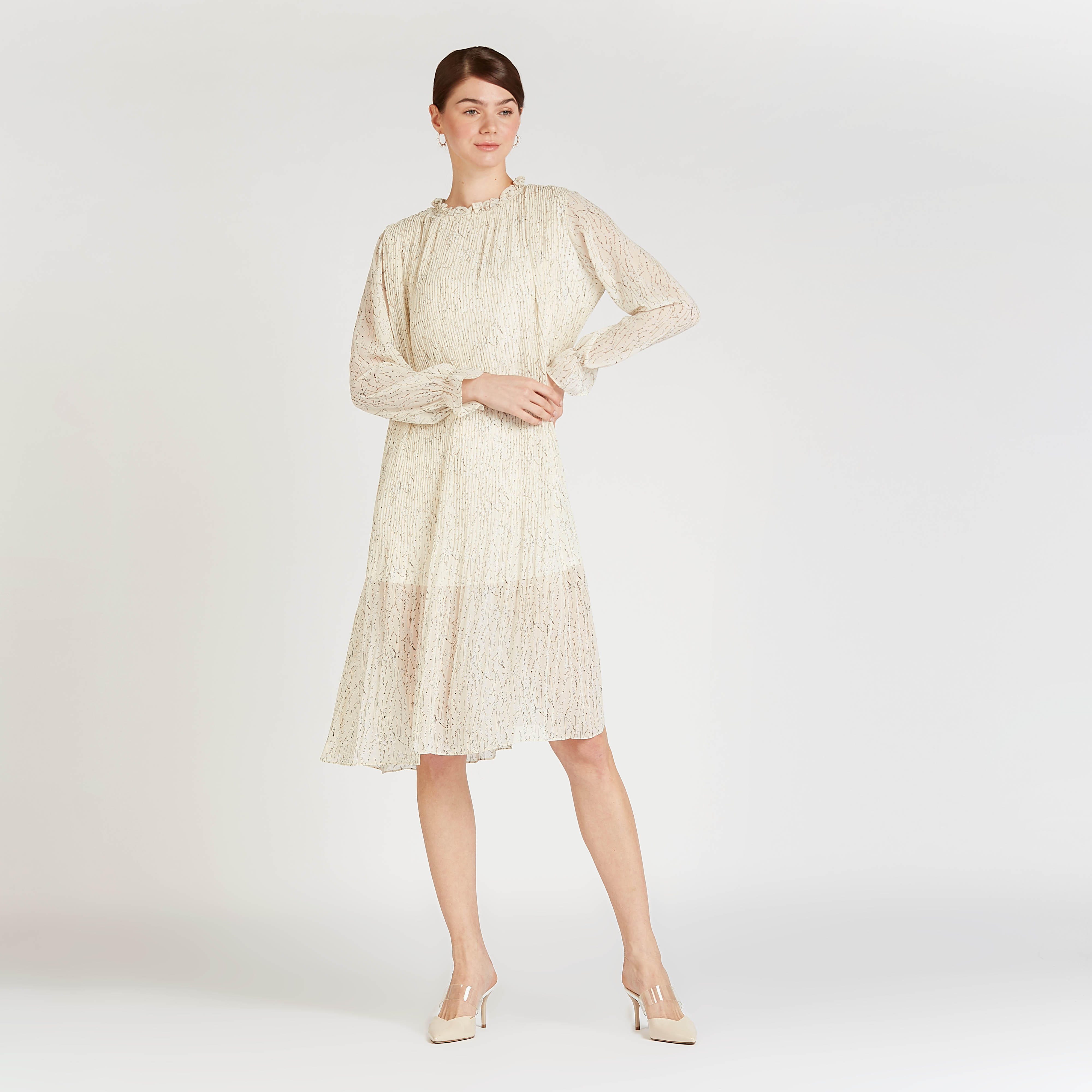 فستان إيه لاين متوسط الطول بأكمام منتفخة وتفاصيل كشكش وطبعات-women-clothing-dresses-image-2