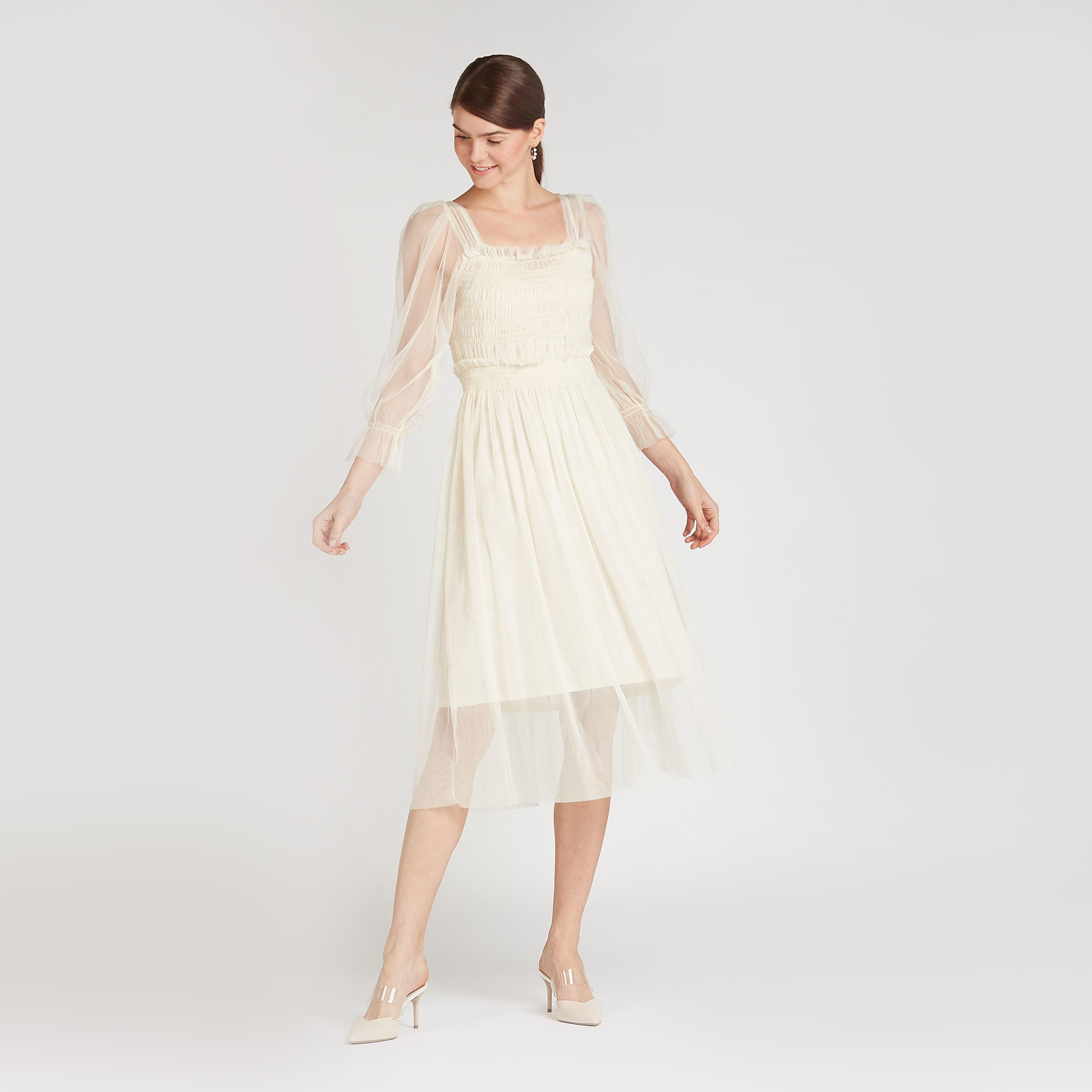 فستان إيه لاين ميدي دانتيل سادة بأكمام منتفخة وتفاصيل تطريزات-women-clothing-dresses-image-2