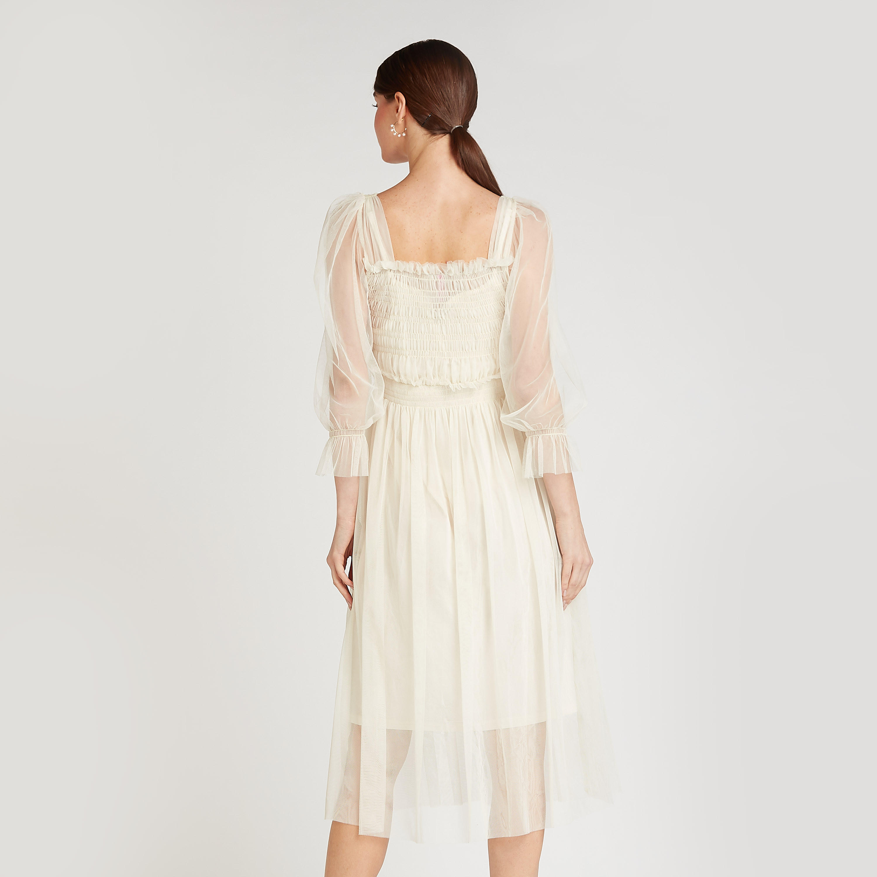 فستان إيه لاين ميدي دانتيل سادة بأكمام منتفخة وتفاصيل تطريزات-women-clothing-dresses-image-4