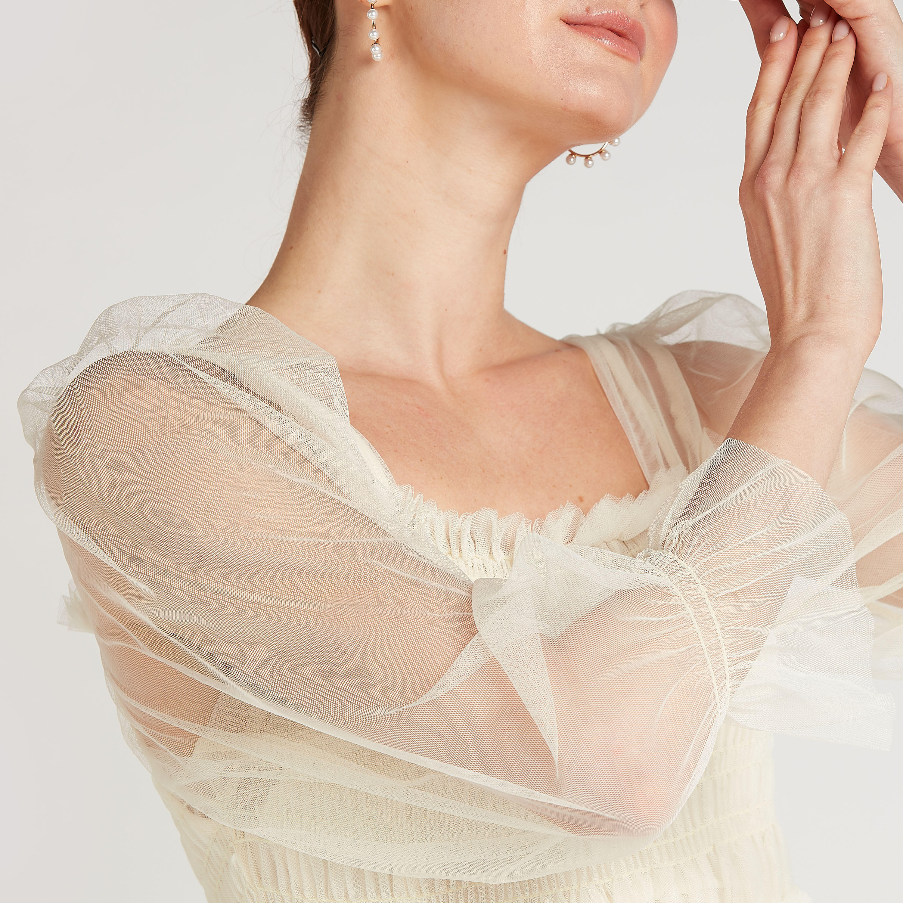 فستان إيه لاين ميدي دانتيل سادة بأكمام منتفخة وتفاصيل تطريزات-women-clothing-dresses-image-5