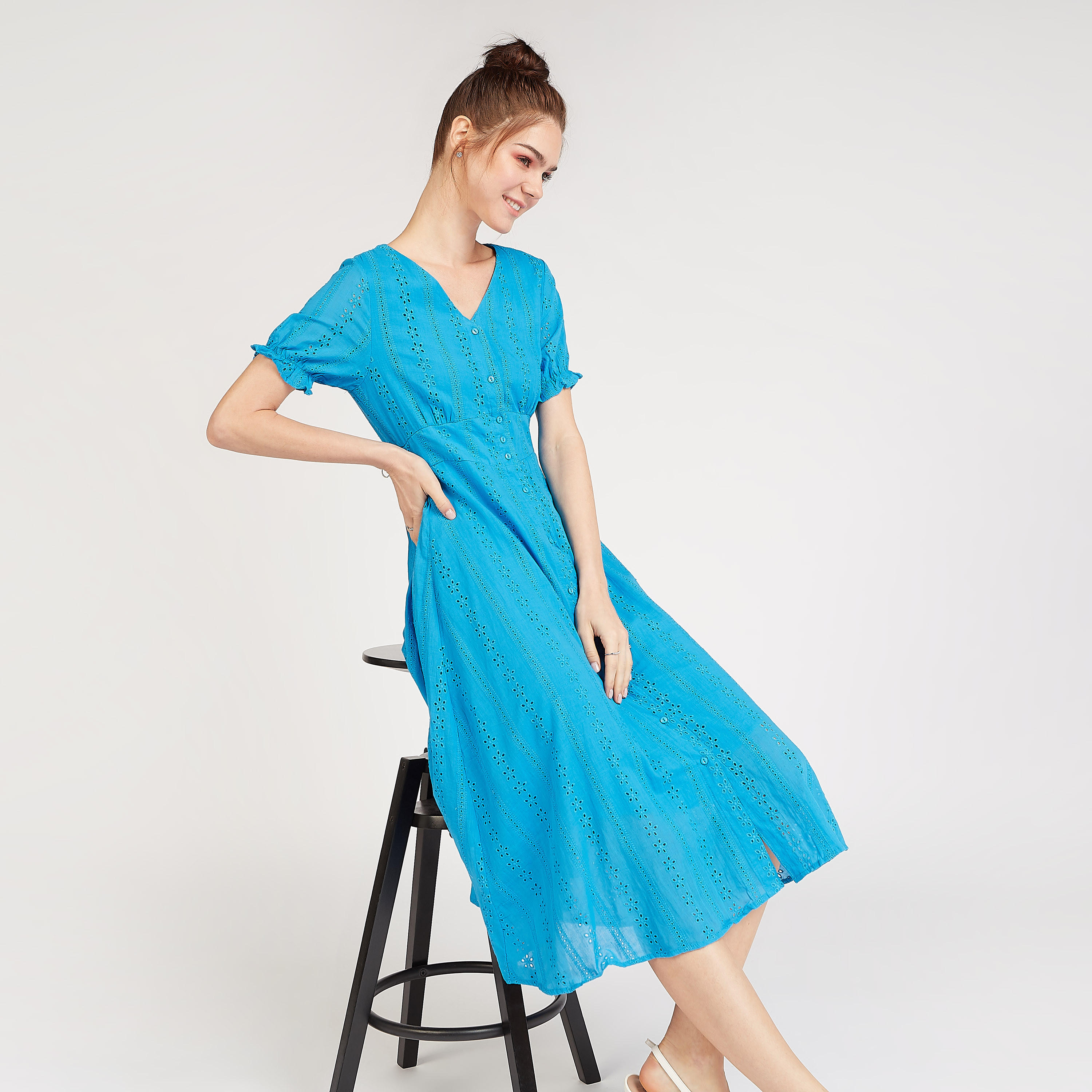 Sustainable Schiffli Detail Midi A-line Dress with V-neck and Short Sleeves-women-clothing-dresses-image-1
