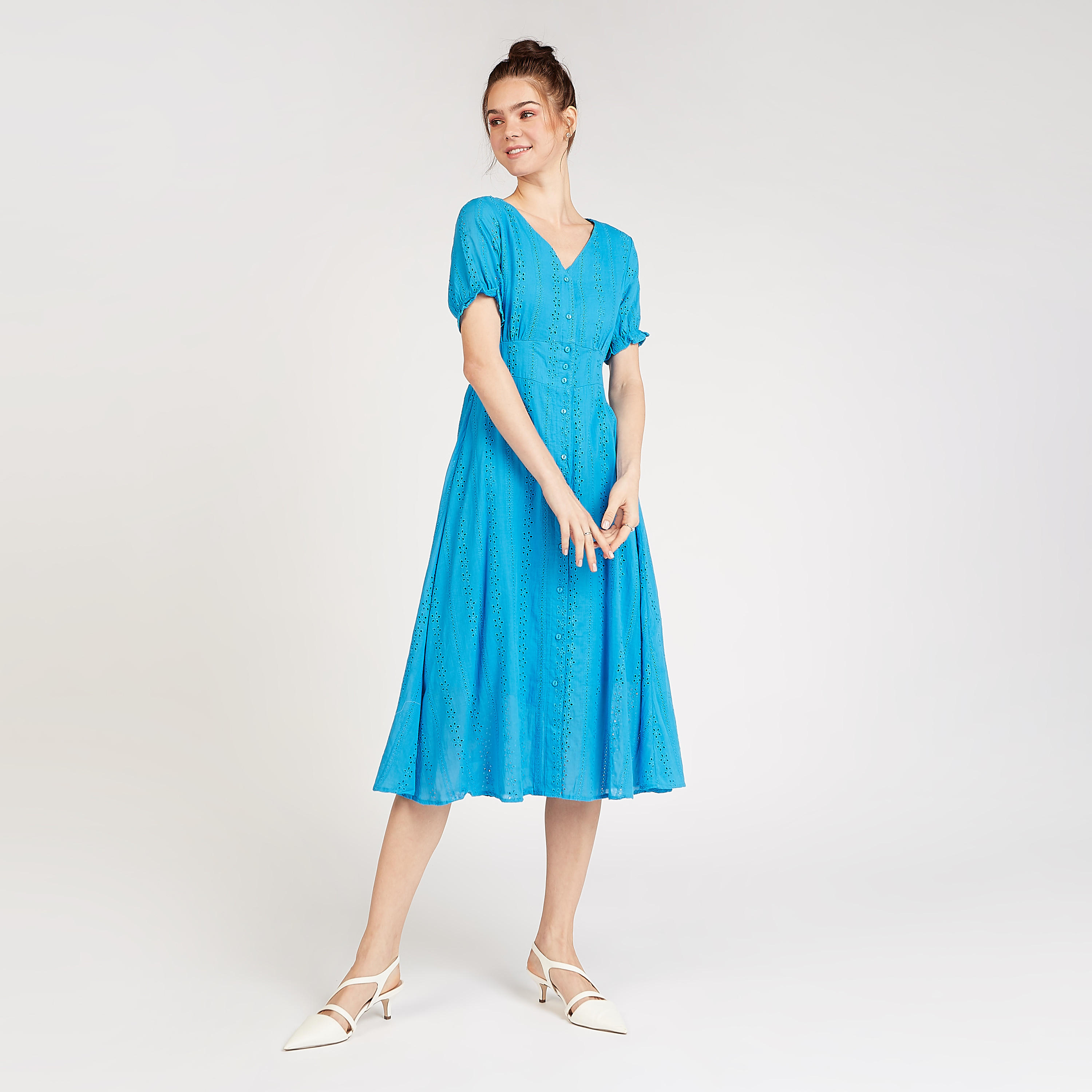 Sustainable Schiffli Detail Midi A-line Dress with V-neck and Short Sleeves-women-clothing-dresses-image-2