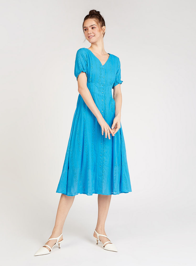 Sustainable Schiffli Detail Midi A-line Dress with V-neck and Short Sleeves-women-clothing-dresses-image-2