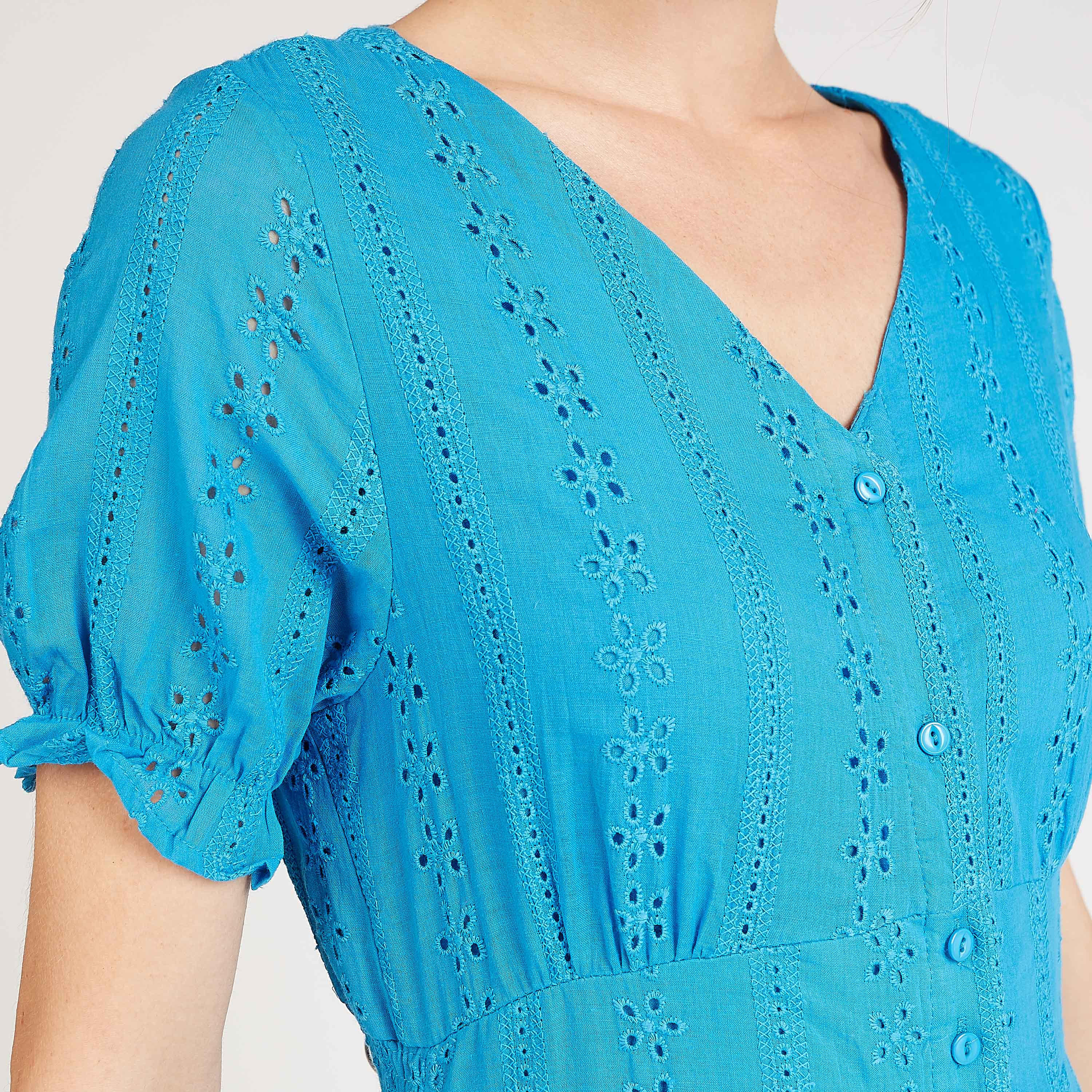 Sustainable Schiffli Detail Midi A-line Dress with V-neck and Short Sleeves-women-clothing-dresses-image-3