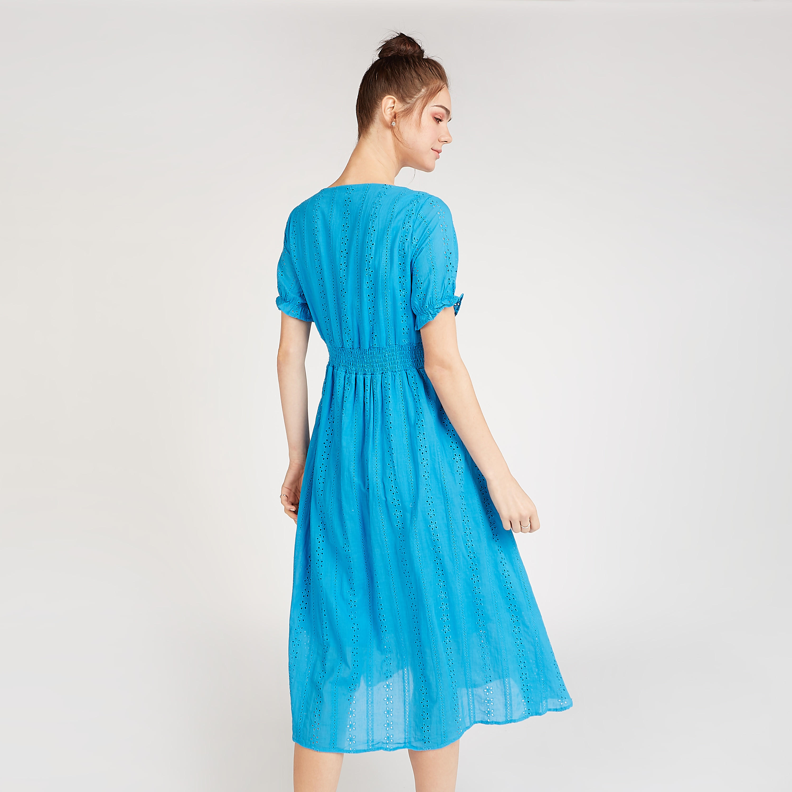 Sustainable Schiffli Detail Midi A-line Dress with V-neck and Short Sleeves-women-clothing-dresses-image-4