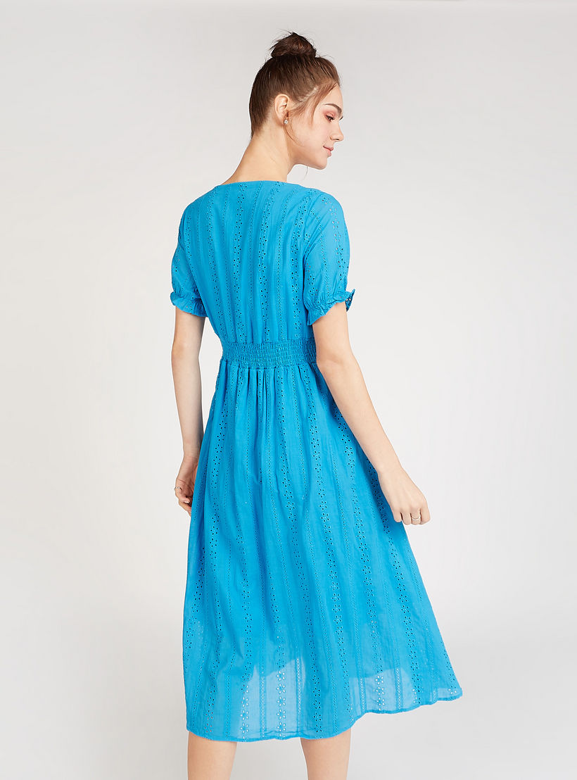 Sustainable Schiffli Detail Midi A-line Dress with V-neck and Short Sleeves-women-clothing-dresses-image-4