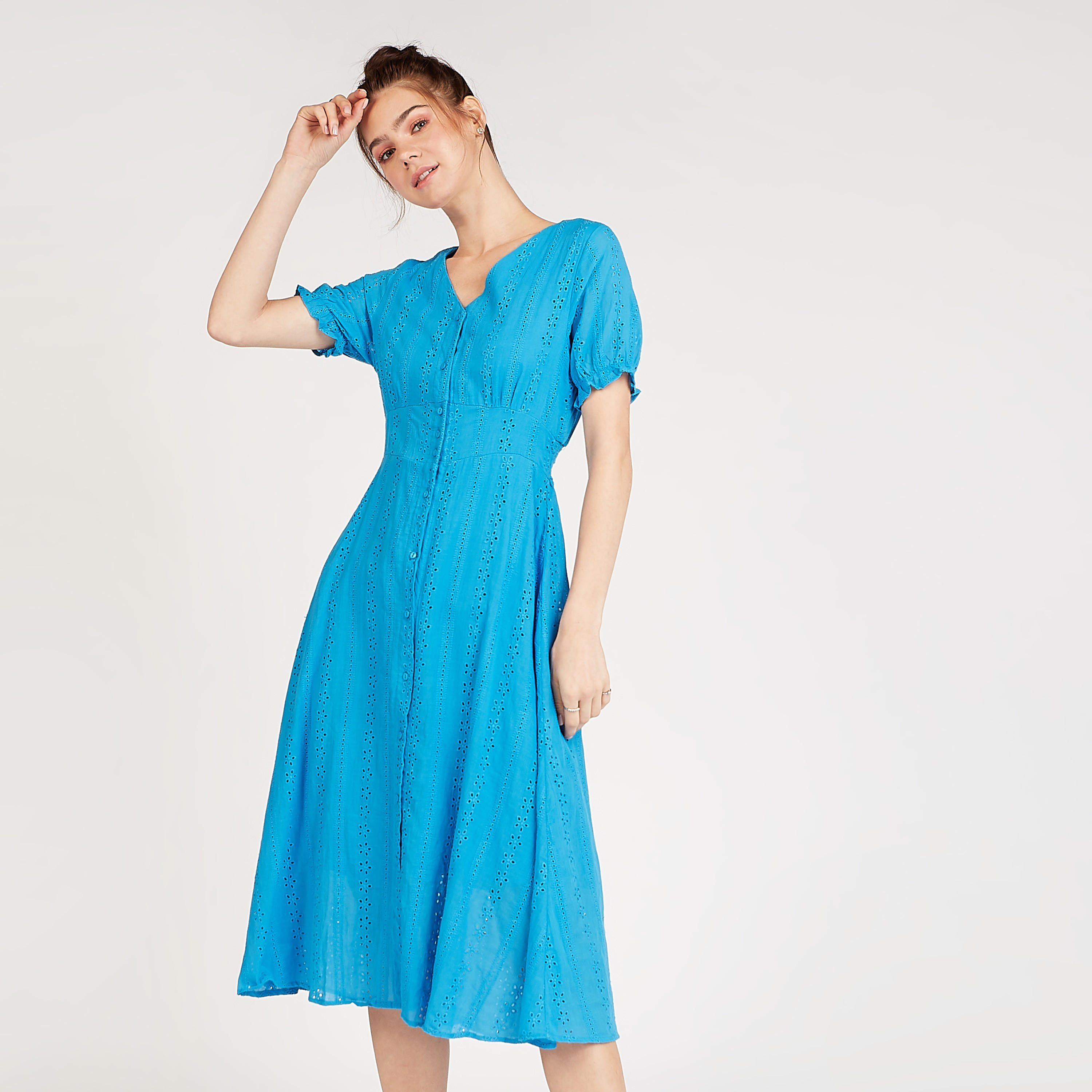 Sustainable Schiffli Detail Midi A-line Dress with V-neck and Short Sleeves-women-clothing-dresses-image-5
