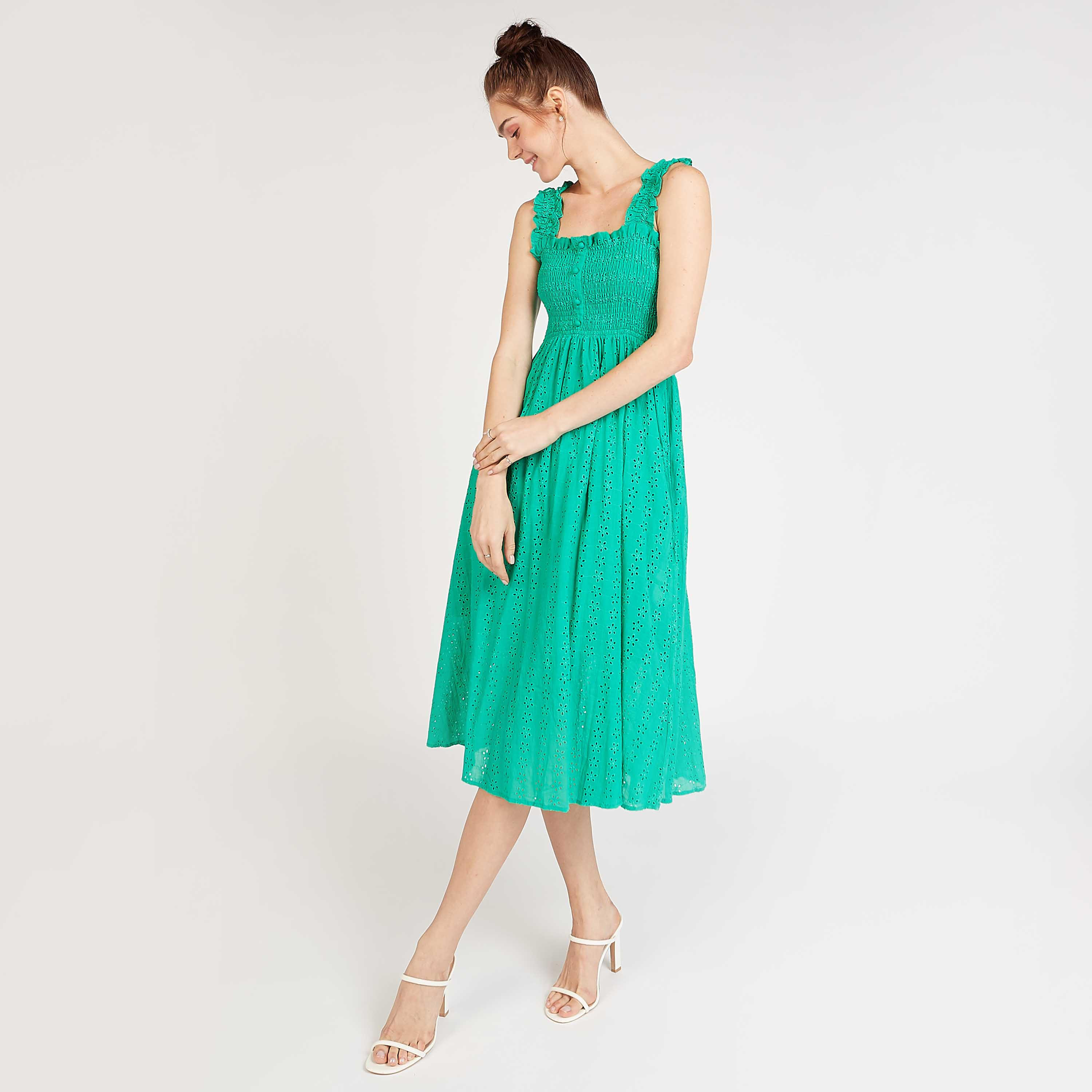 فستان مستدام إيه لاين ميدي بتفاصيل شيفلي وتفاصيل تطريز-women-clothing-dresses-image-1