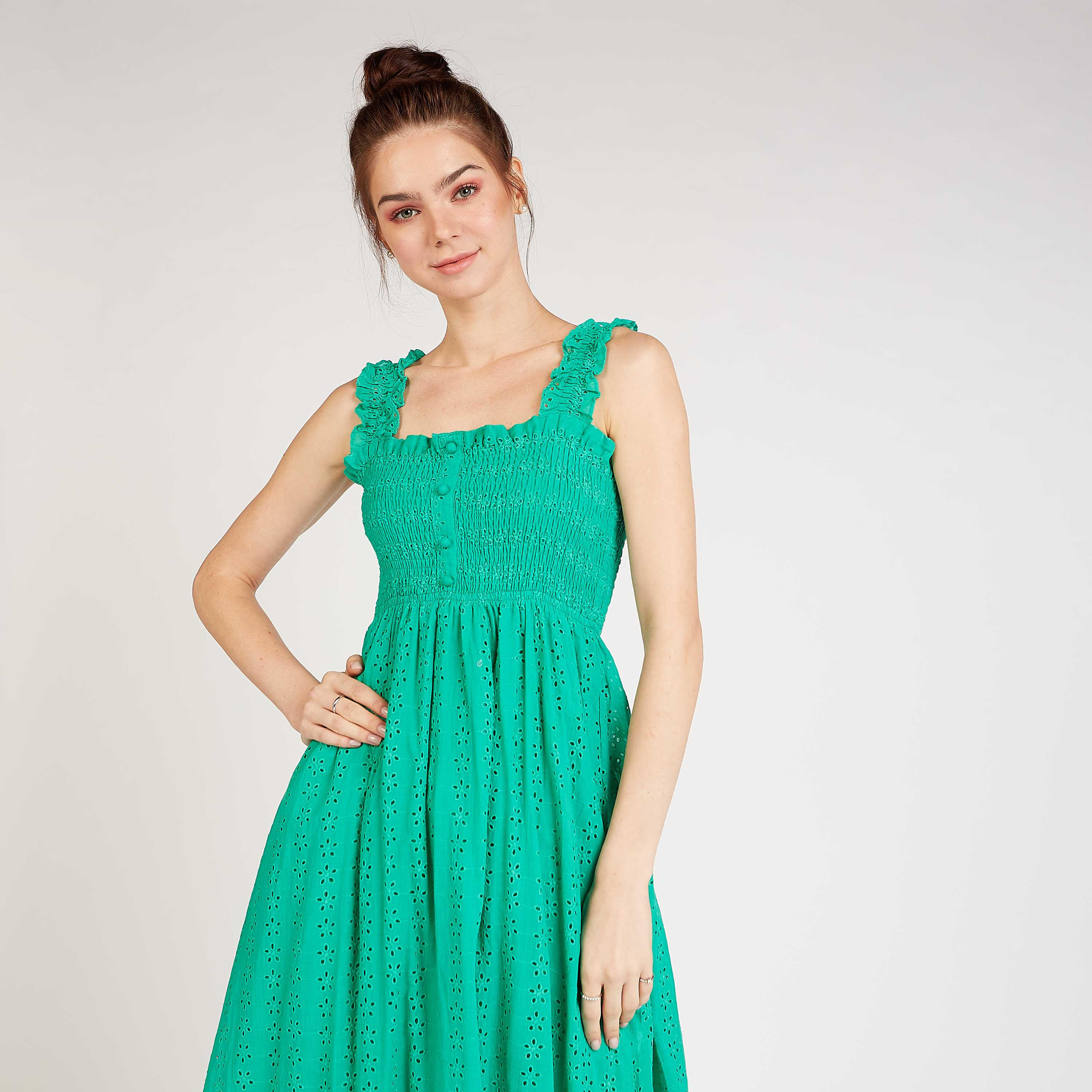 فستان مستدام إيه لاين ميدي بتفاصيل شيفلي وتفاصيل تطريز-women-clothing-dresses-image-2