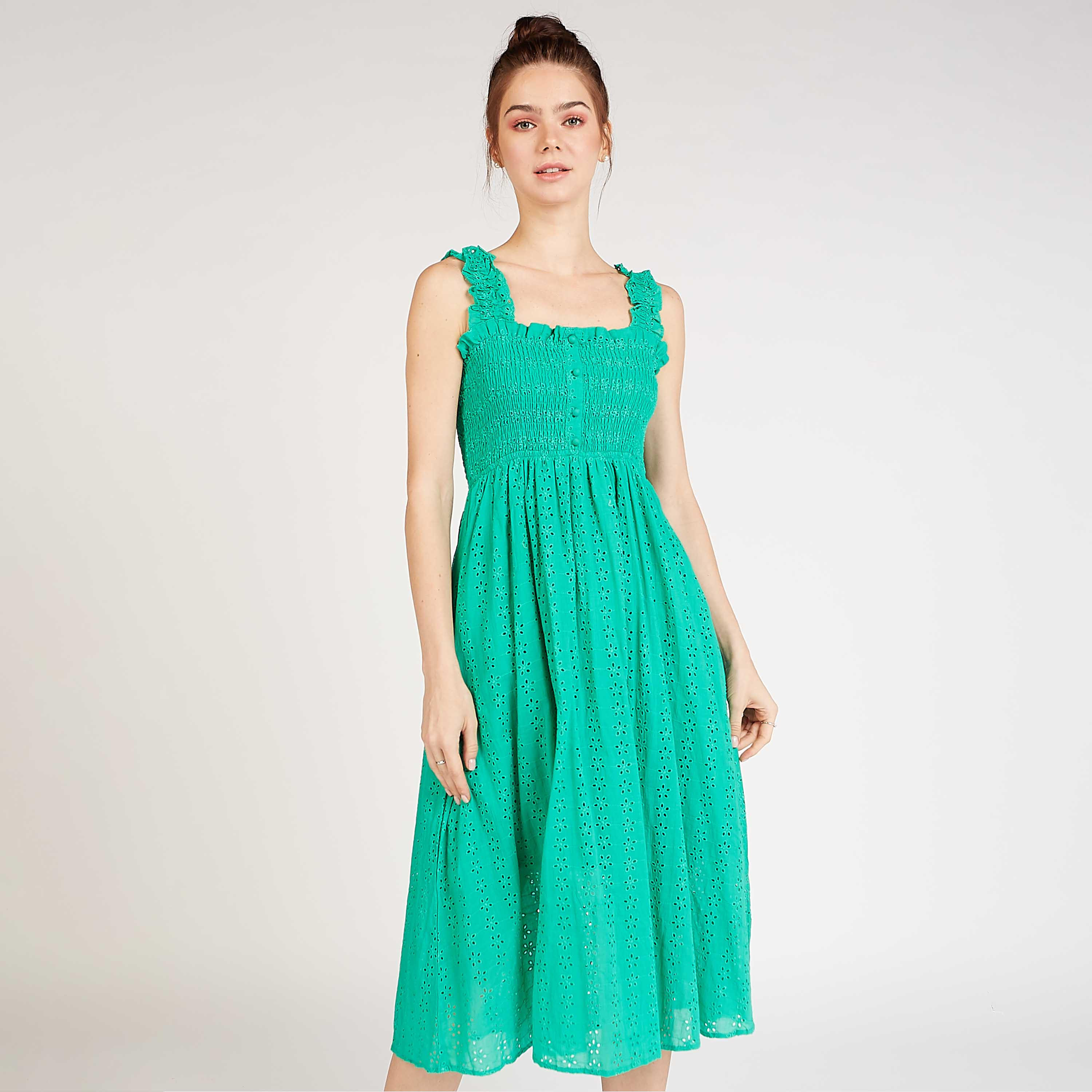 فستان مستدام إيه لاين ميدي بتفاصيل شيفلي وتفاصيل تطريز-women-clothing-dresses-image-5