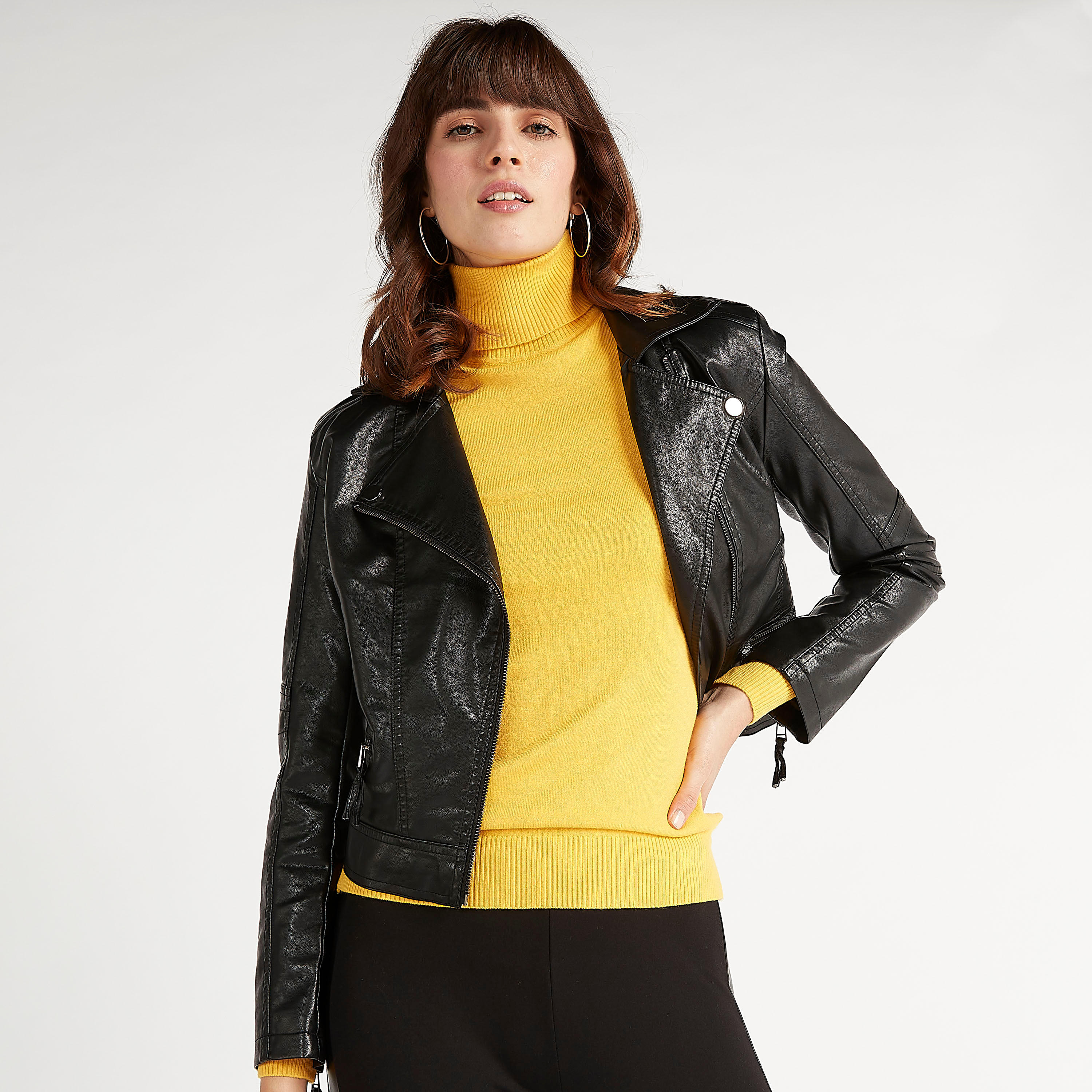 جاكيت بايكر سادة بسحّاب وأكمام طويلة وجيوب من تو إكستريمز-women-winterwear-coatsandjackets-jackets-image-1