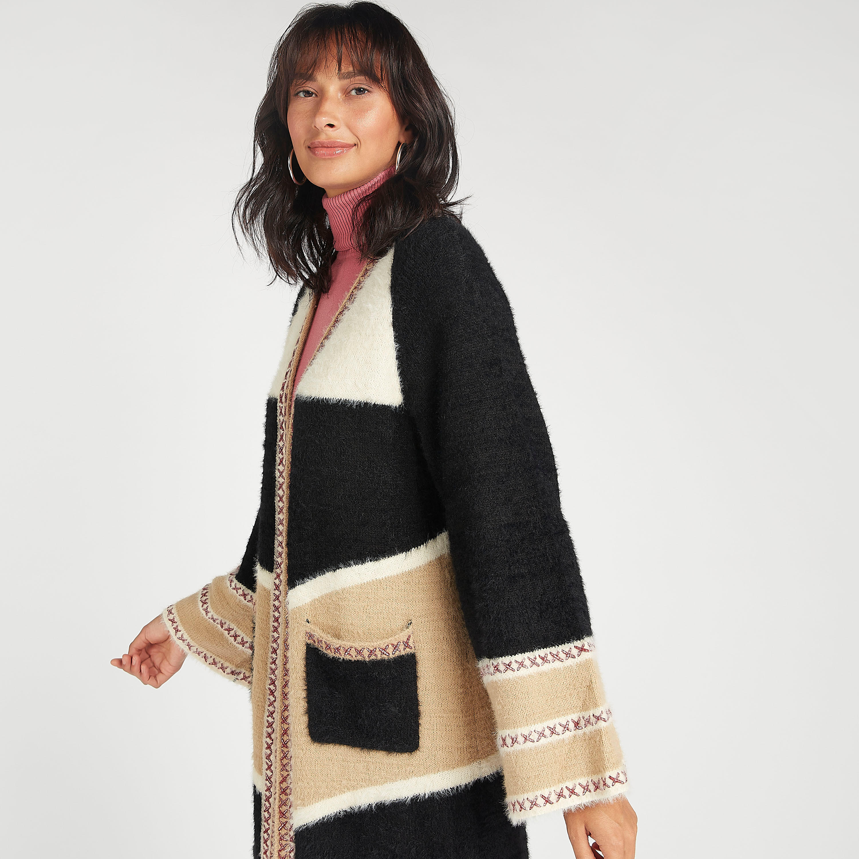 كارديجان طويل بارز الملمس بأكمام واسعة و ياقة منسدلة-women-winterwear-cardigansandjumpers-cardigans-image-2