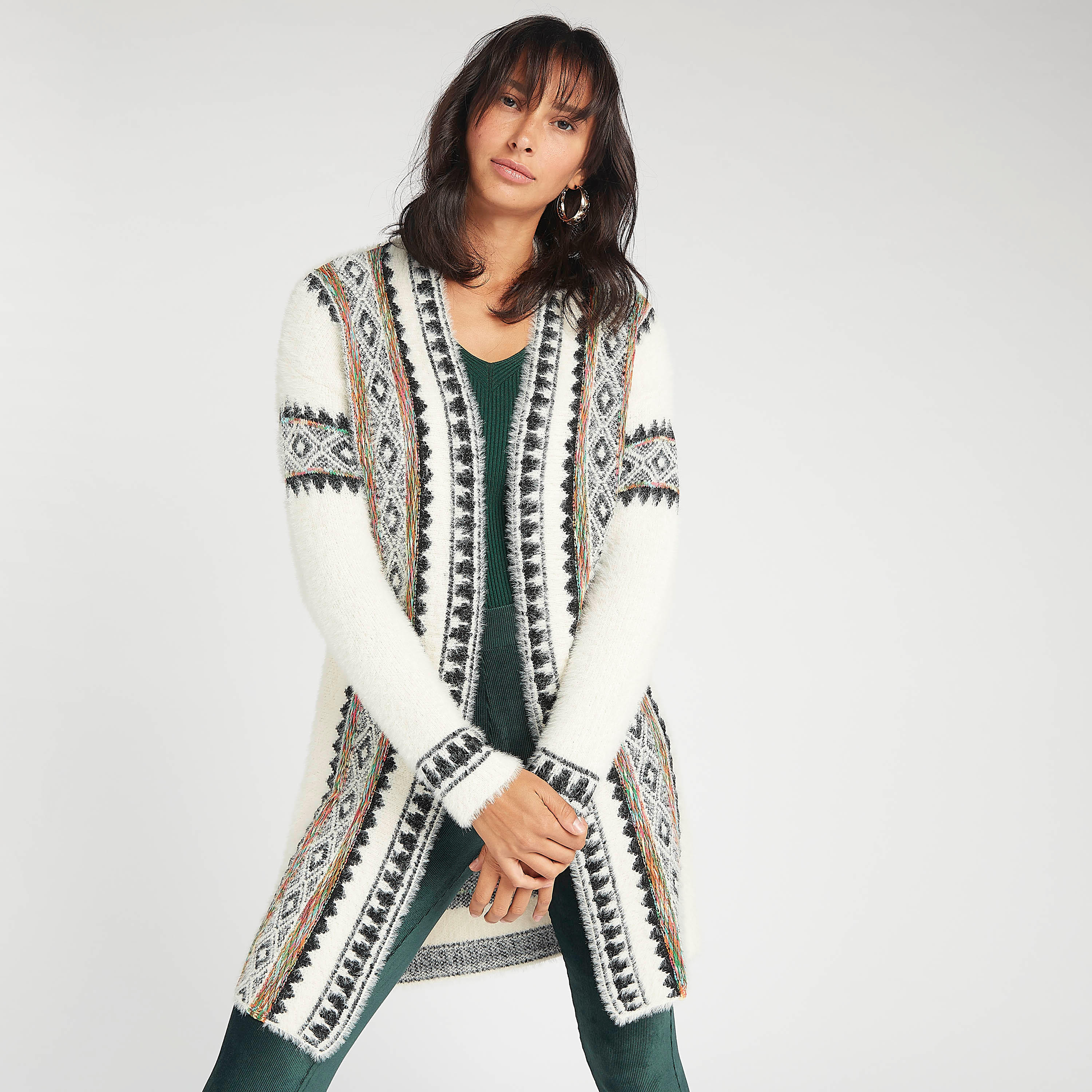 كارديجان طويل بارز الملمس بأكمام طويلة و ياقة منسدلة-women-winterwear-cardigansandjumpers-cardigans-image-2