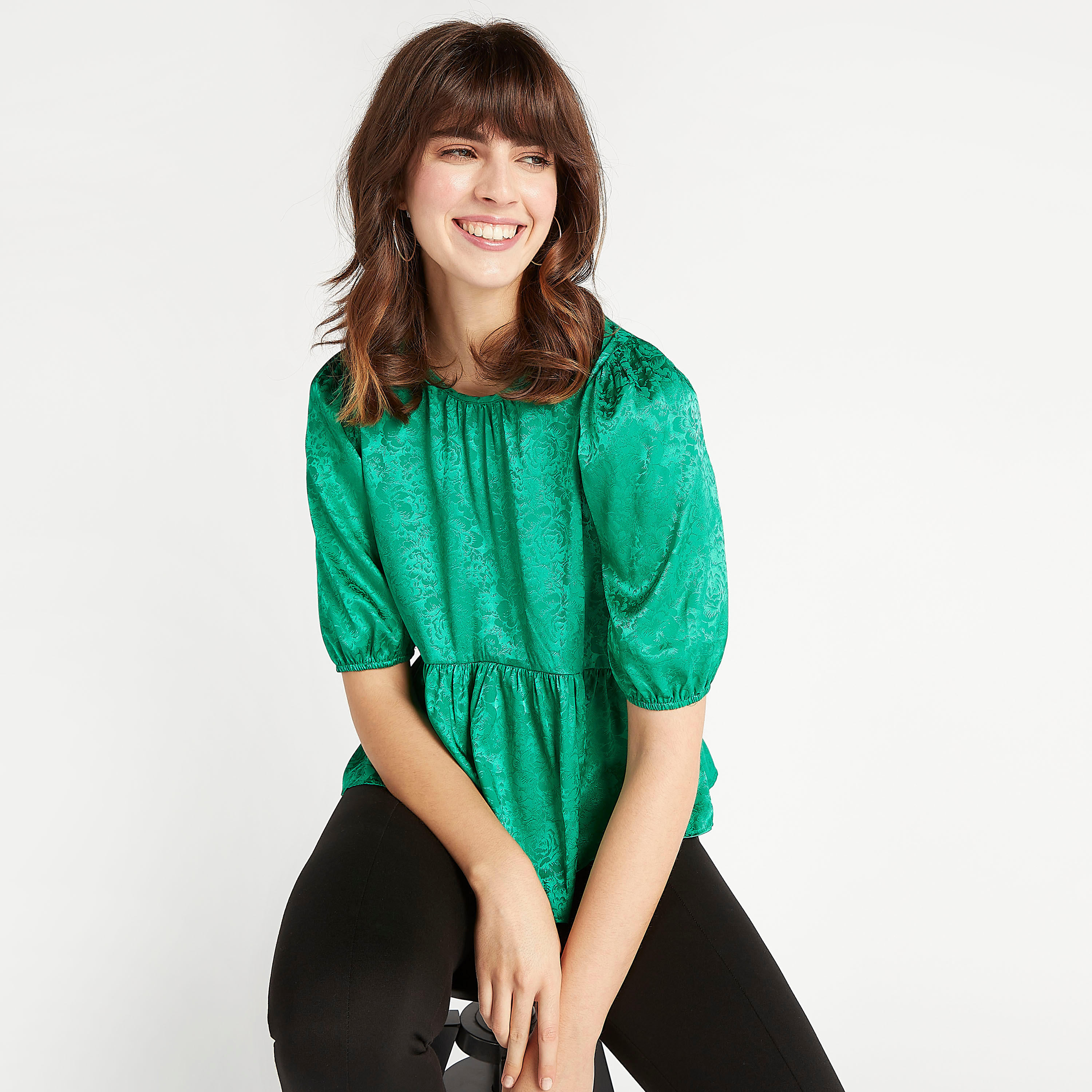 2Xtremz Textured Peplum Top with Short Sleeves and Round Neck-women-clothing-shirtsandblouses-blouses-image-1