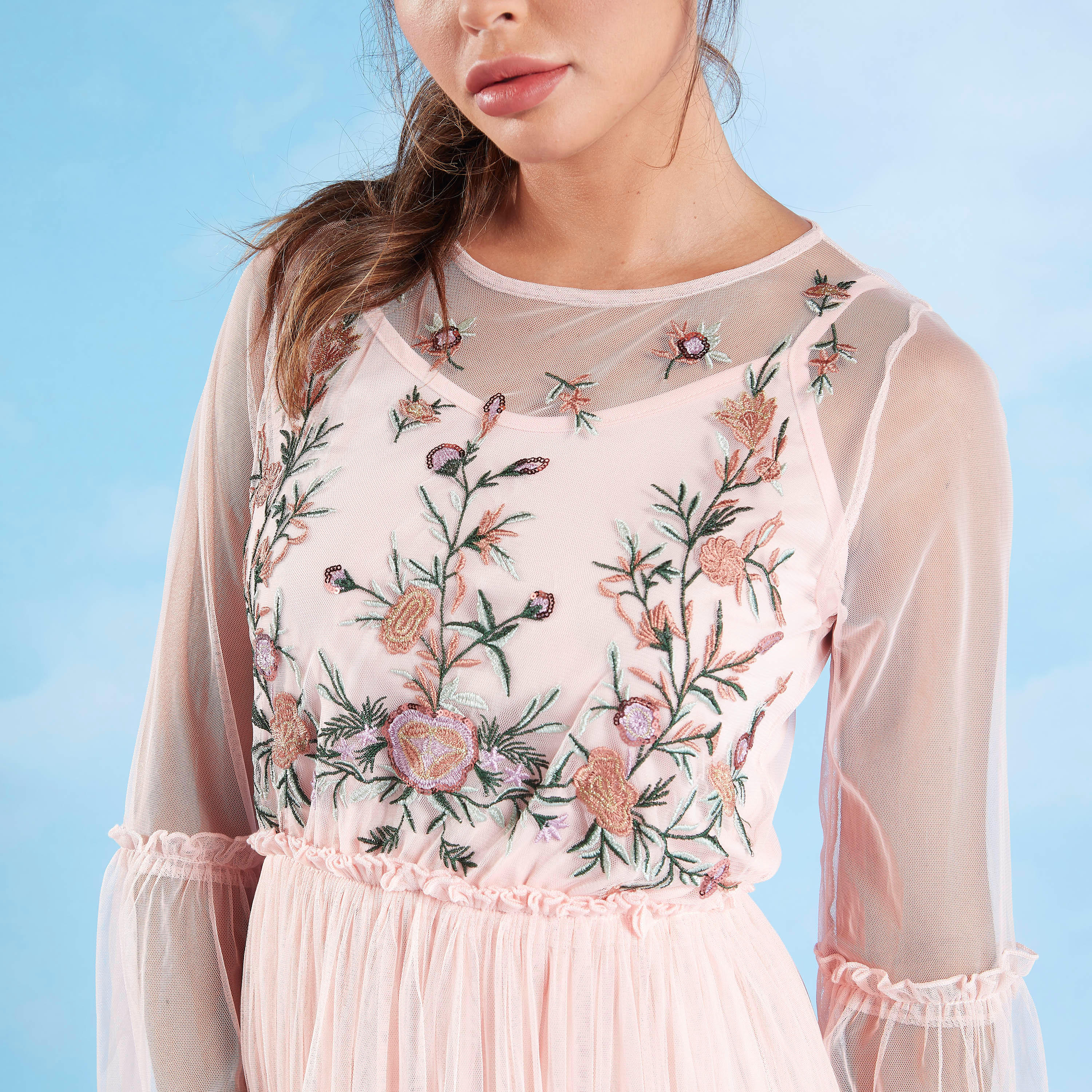 فستان ميدي إيه لاين بأكمام طويلة وتطريز أزهار من تو إكستريمز-women-clothing-dresses-image-3