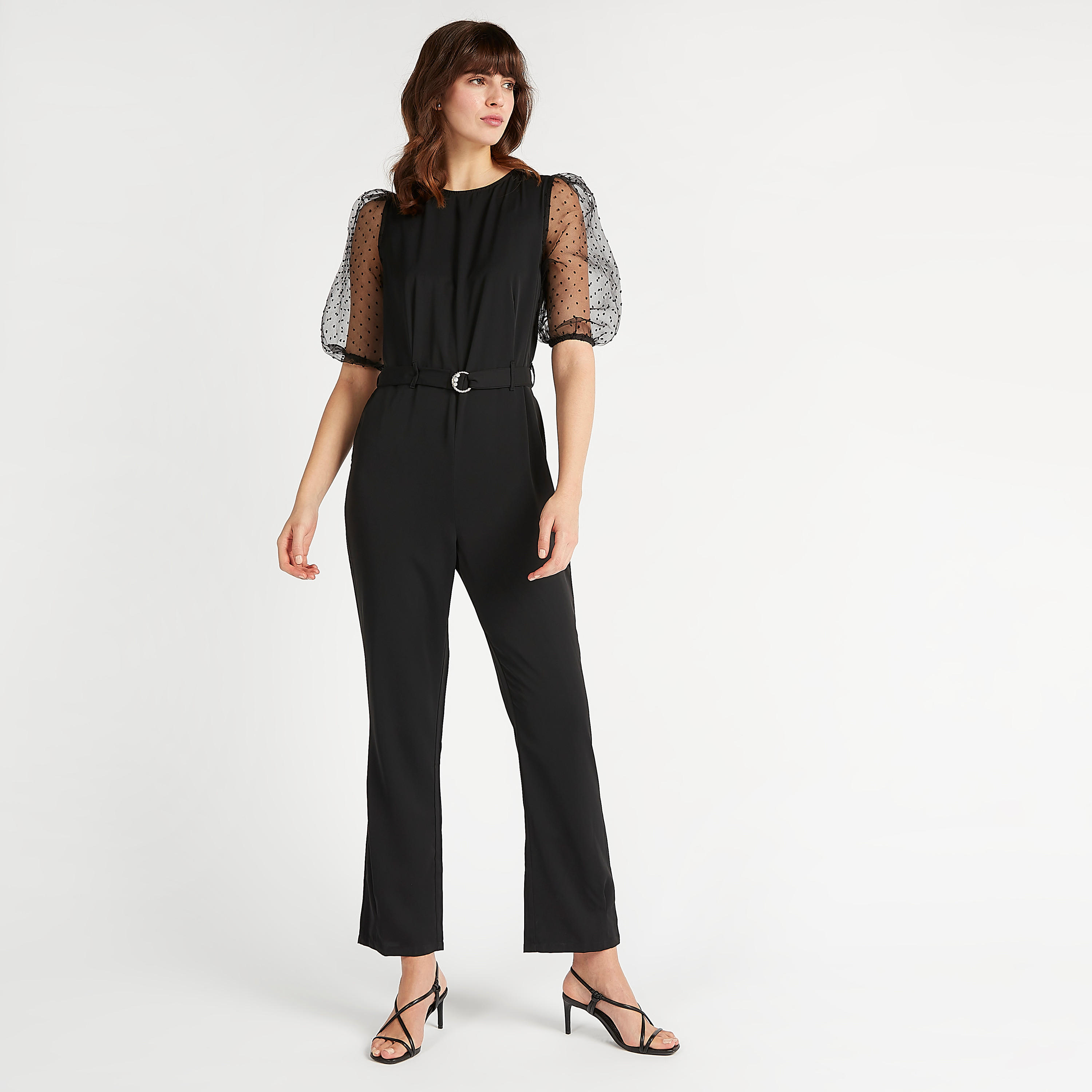 أفرول سادة بأكمام منفوخة وحزام زينة وجيوب من تو إكستريمز-women-clothing-jumpsuits-image-2