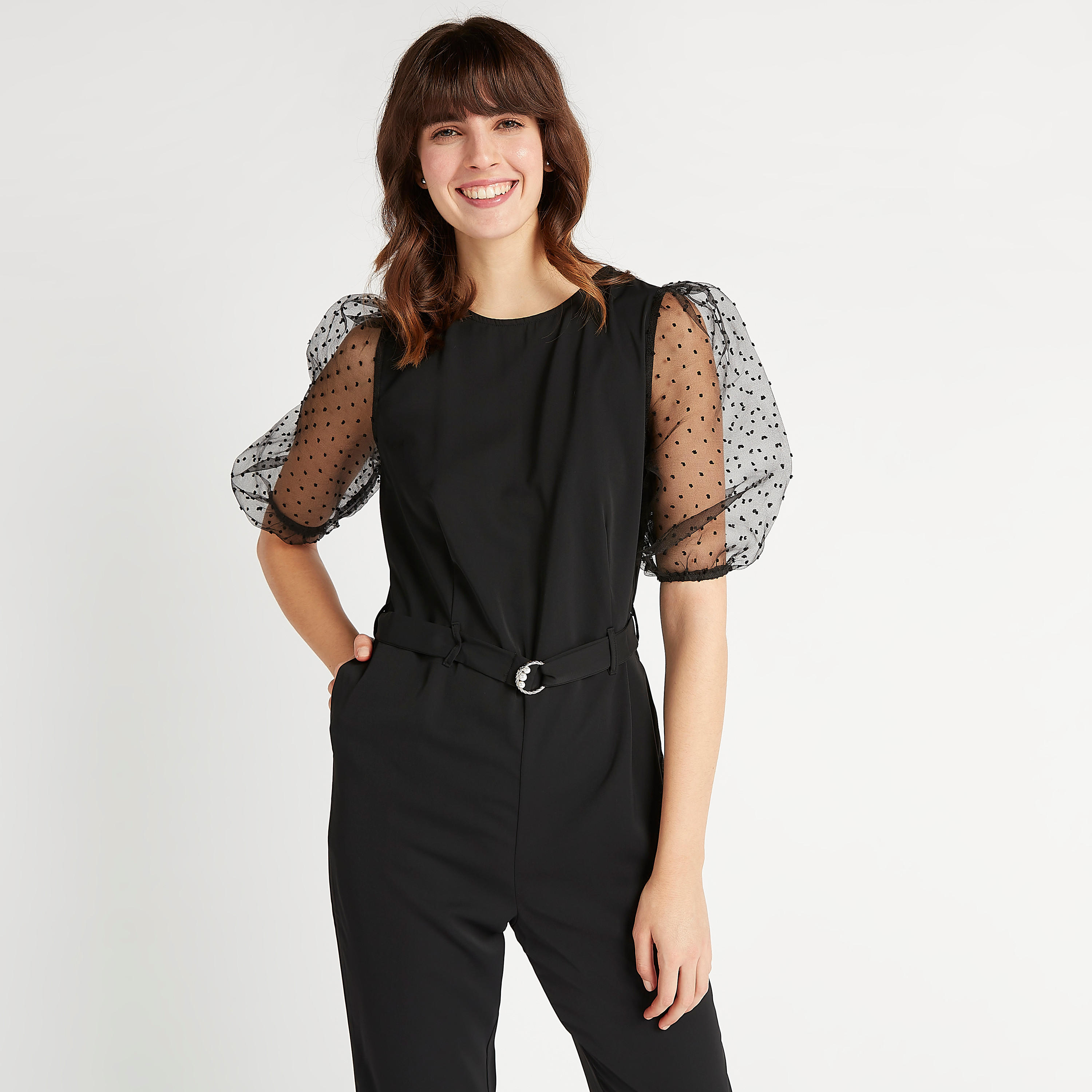 أفرول سادة بأكمام منفوخة وحزام زينة وجيوب من تو إكستريمز-women-clothing-jumpsuits-image-3