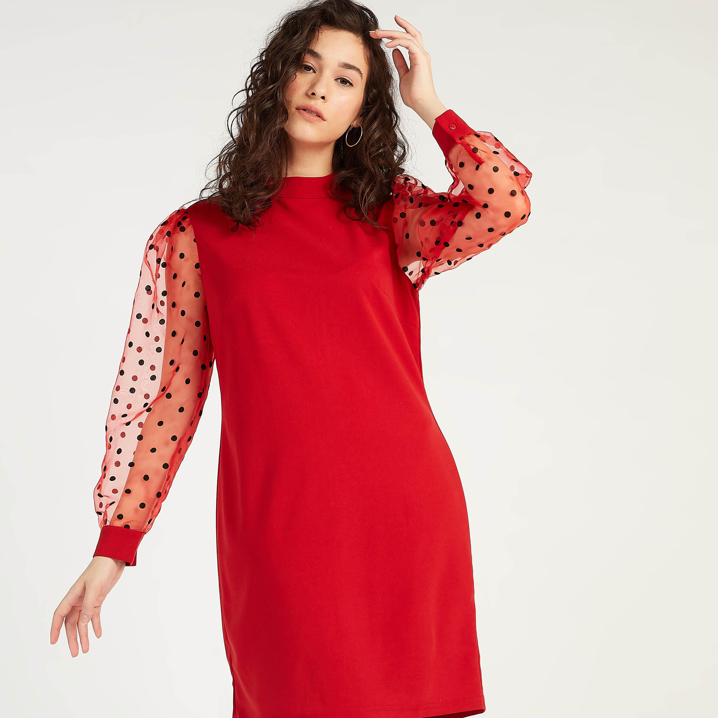 2Xtremz Mini Shift Dress with Polka Dotted Long Sleeves-women-clothing-dresses-image-1