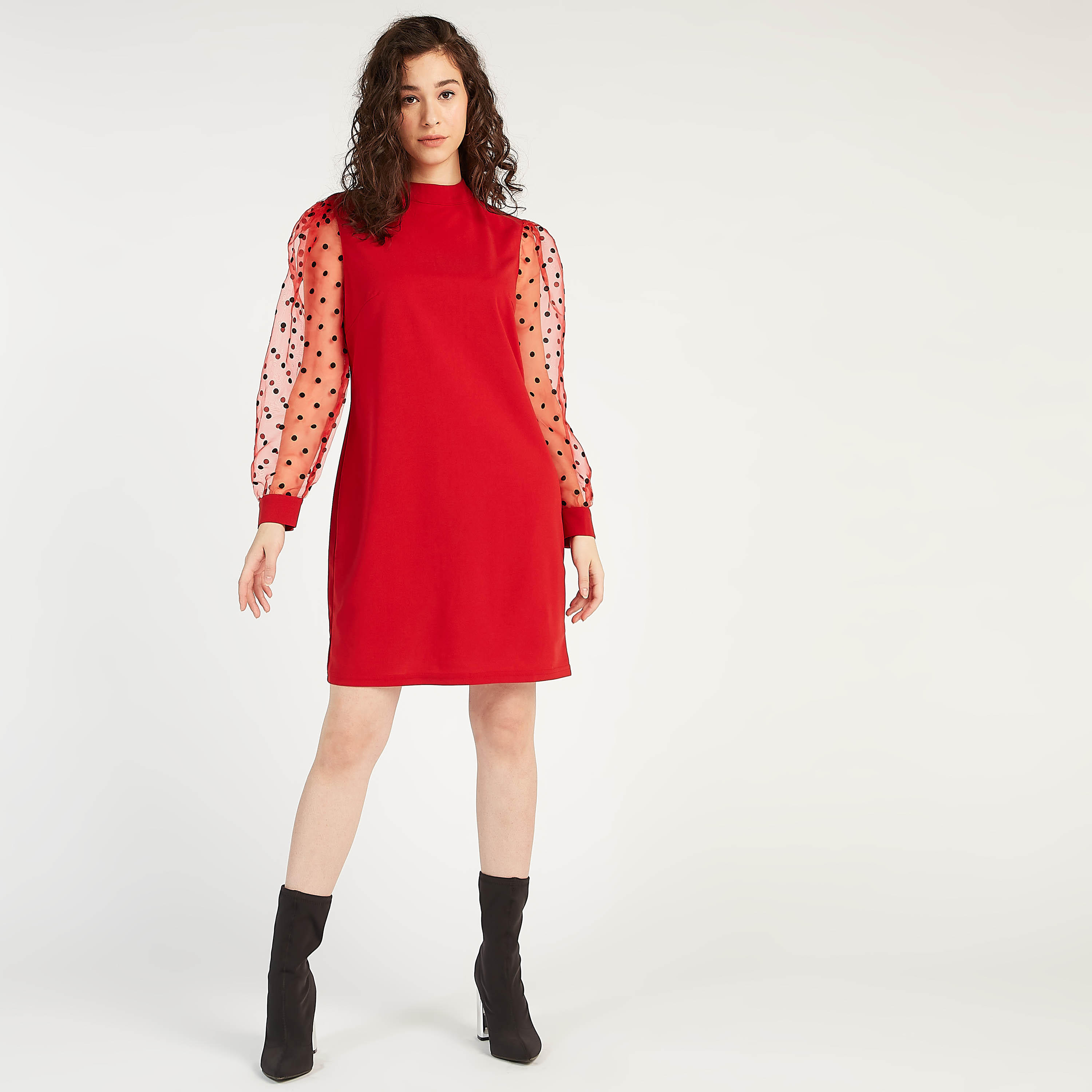 2Xtremz Mini Shift Dress with Polka Dotted Long Sleeves-women-clothing-dresses-image-2