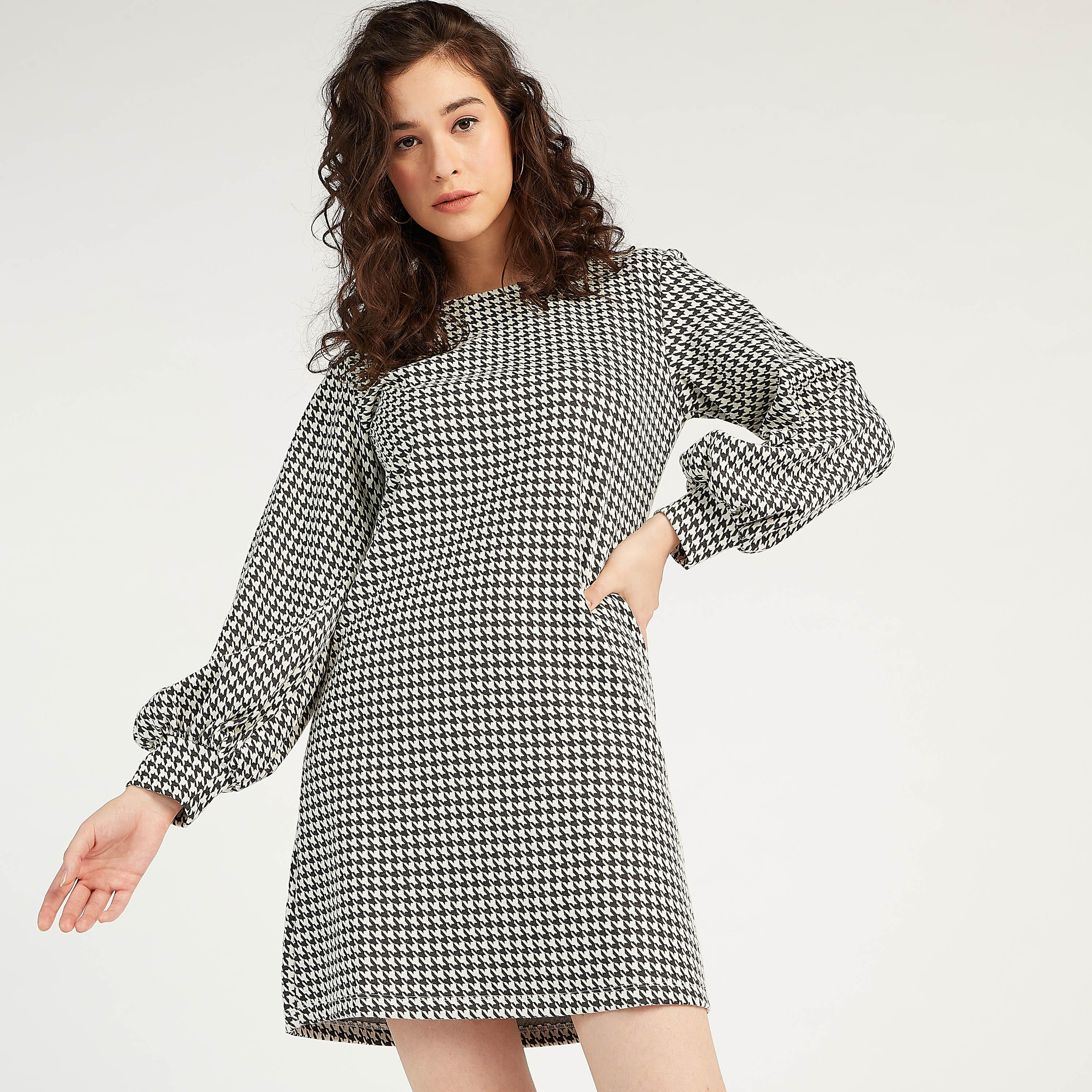 2Xtremz Checked Mini Shift Dress with Long Sleeves-women-clothing-dresses-image-1