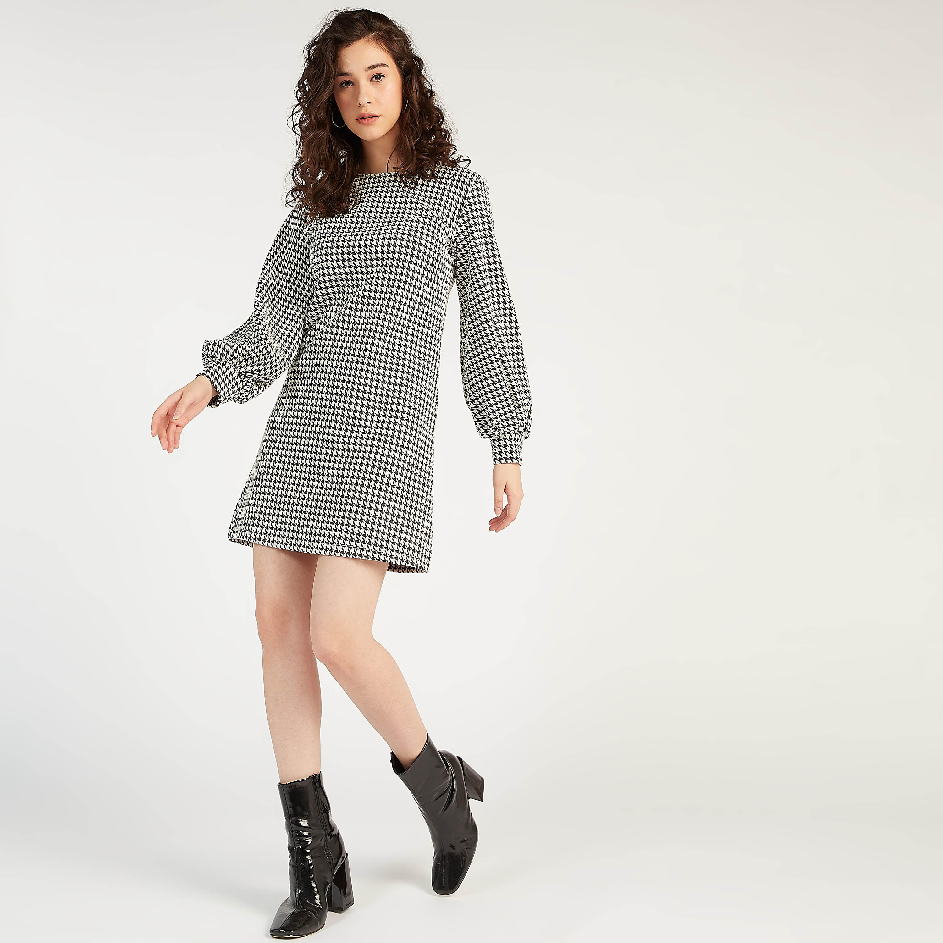 2Xtremz Checked Mini Shift Dress with Long Sleeves-women-clothing-dresses-image-2