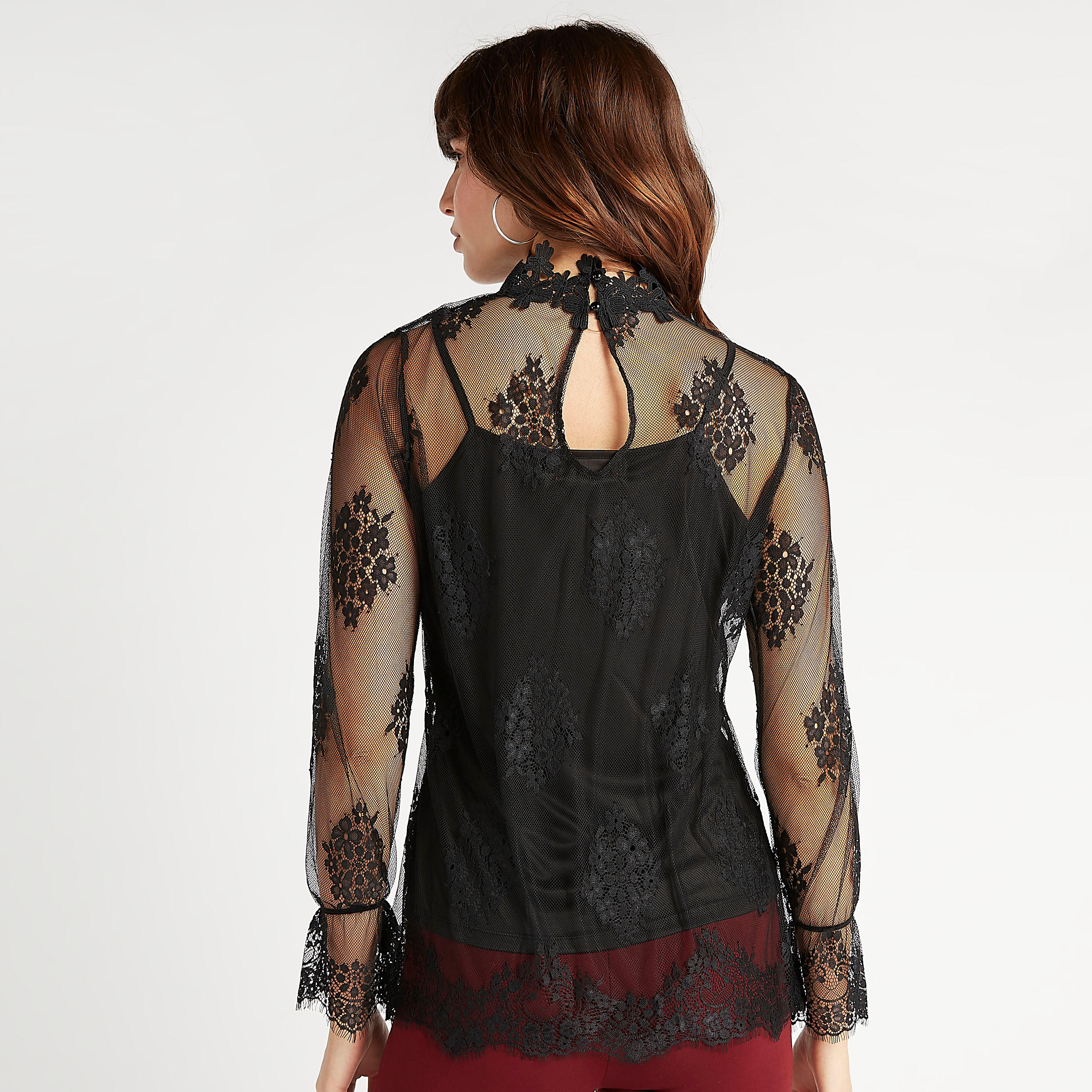 بلوزة دانتيل بياقة عالية وأكمام طويلة من تو إكستريمز-women-clothing-shirtsandblouses-blouses-image-4