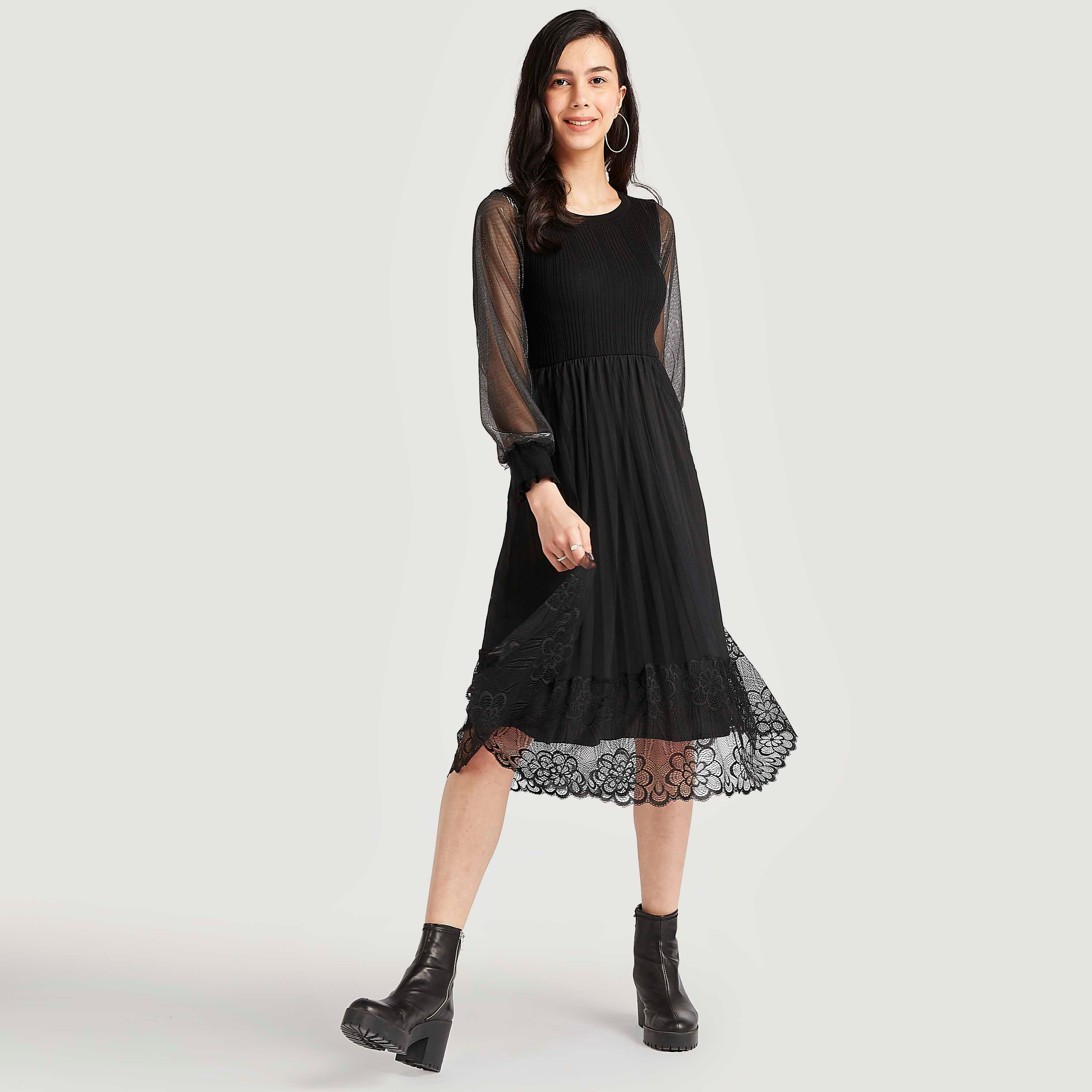 فستان إيه لاين ميدي بأطراف دانتيل وأكمام طويلة وياقة مستديرة من تو إكستريمز-women-clothing-dresses-image-2