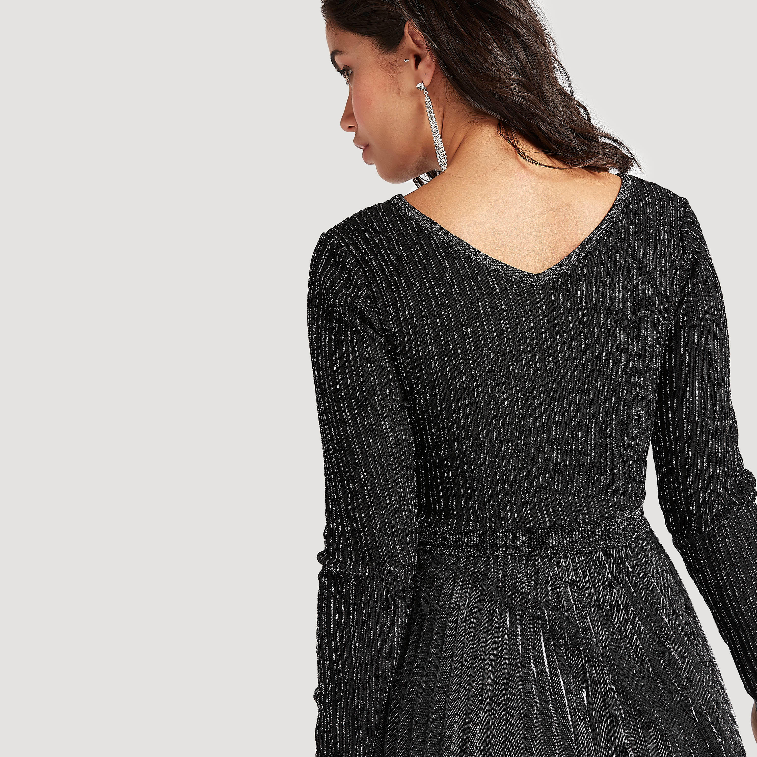 فستان إيه لاين بارز الملمس بياقة v وأكمام طويلة من تو إكستريمز-women-clothing-dresses-image-5