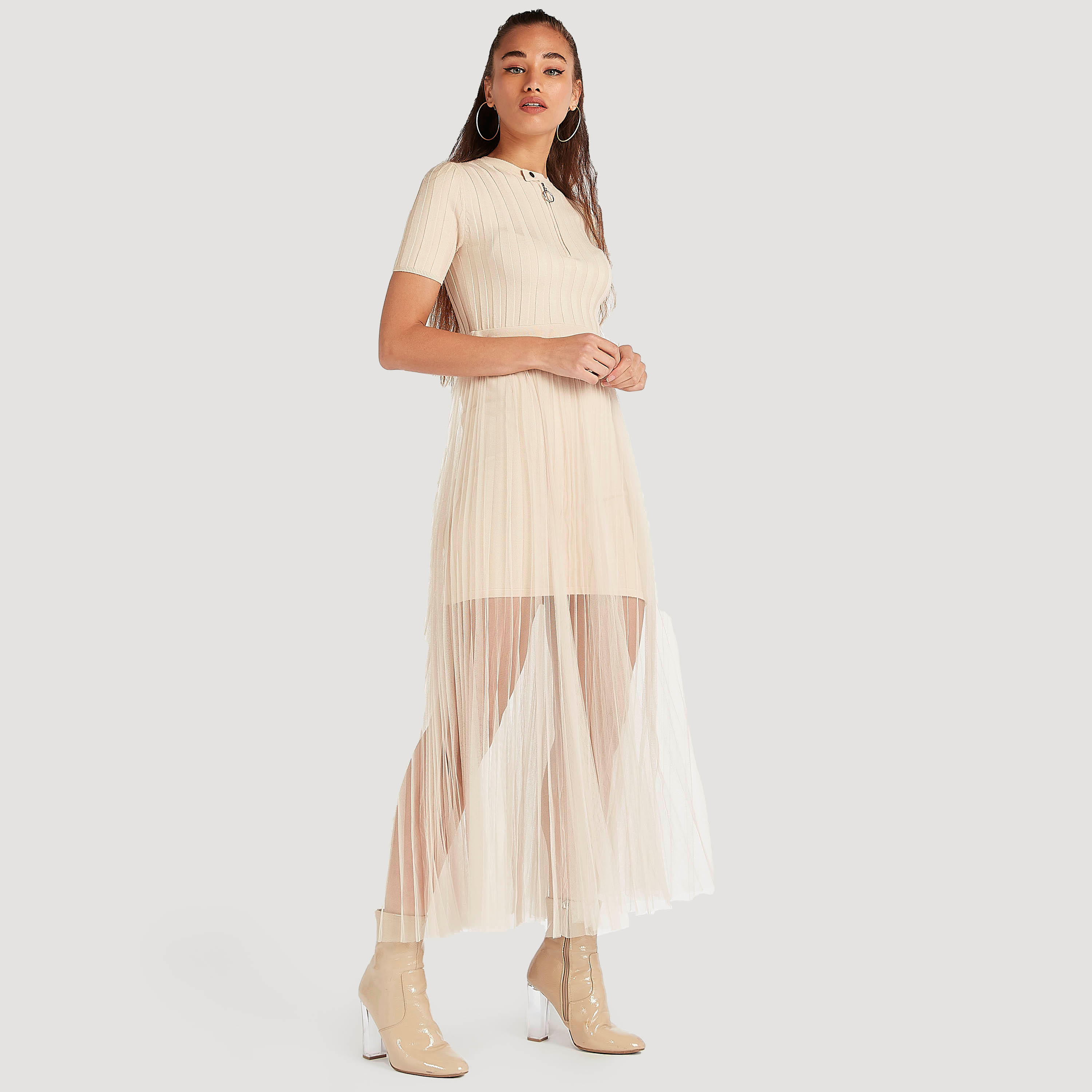 فستان إيه لاين طويل بارز الملمس مع وصلة أزرار بسحّاب من تو إكستريمز-women-clothing-dresses-image-1