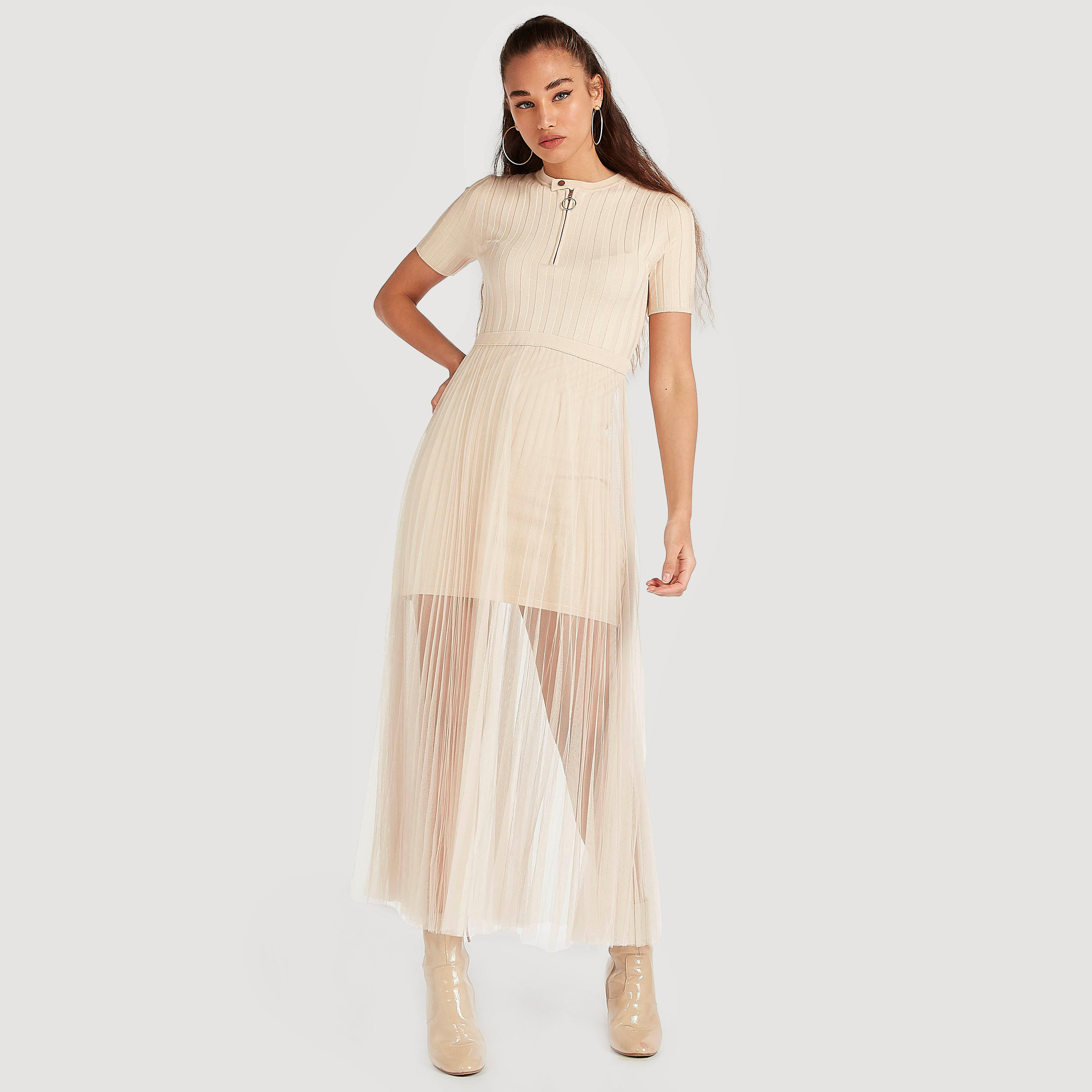 فستان إيه لاين طويل بارز الملمس مع وصلة أزرار بسحّاب من تو إكستريمز-women-clothing-dresses-image-2