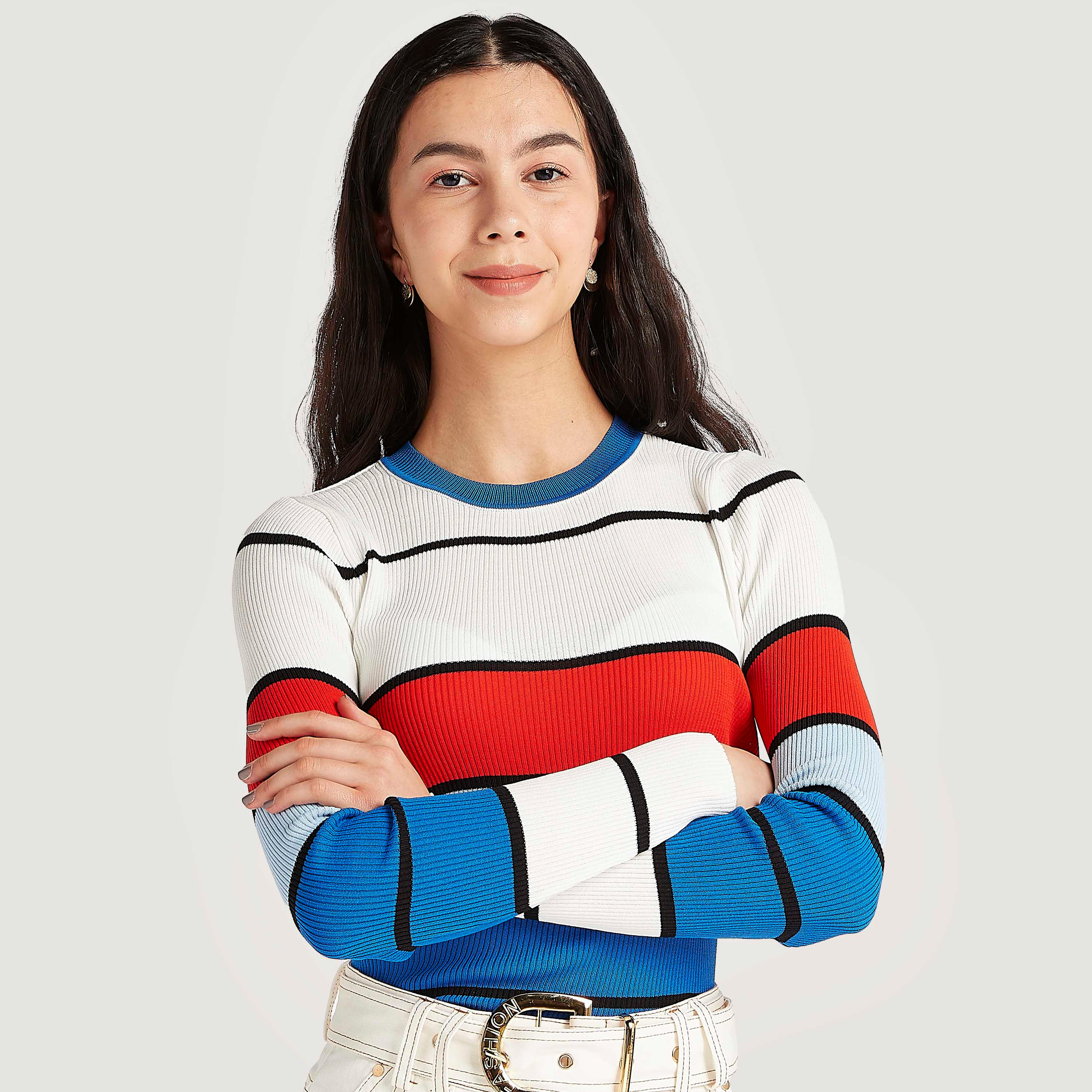 كنزة مخطّطة بياقة ضيّقة وأكمام طويلة من تو إكستريمز-women-clothing-cardigansandjumpers-jumpers-image-1