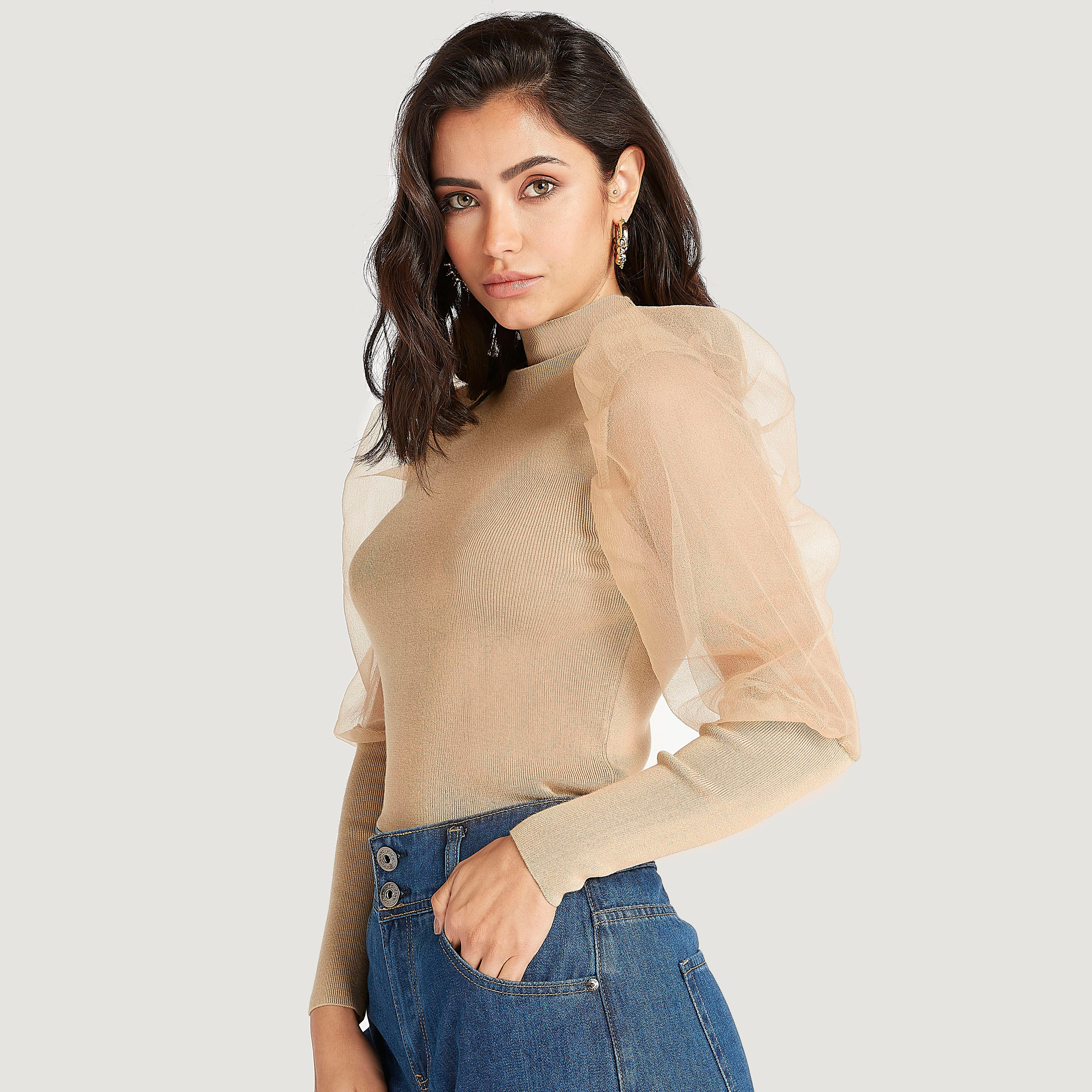 بلوزة سادة بأكمام طويلة منفوخة وياقة عالية من تو إكستريمز-women-clothing-shirtsandblouses-blouses-image-6