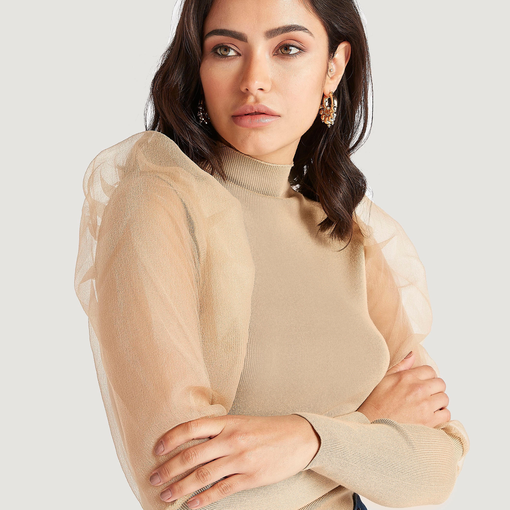 بلوزة سادة بأكمام طويلة منفوخة وياقة عالية من تو إكستريمز-women-clothing-shirtsandblouses-blouses-image-4