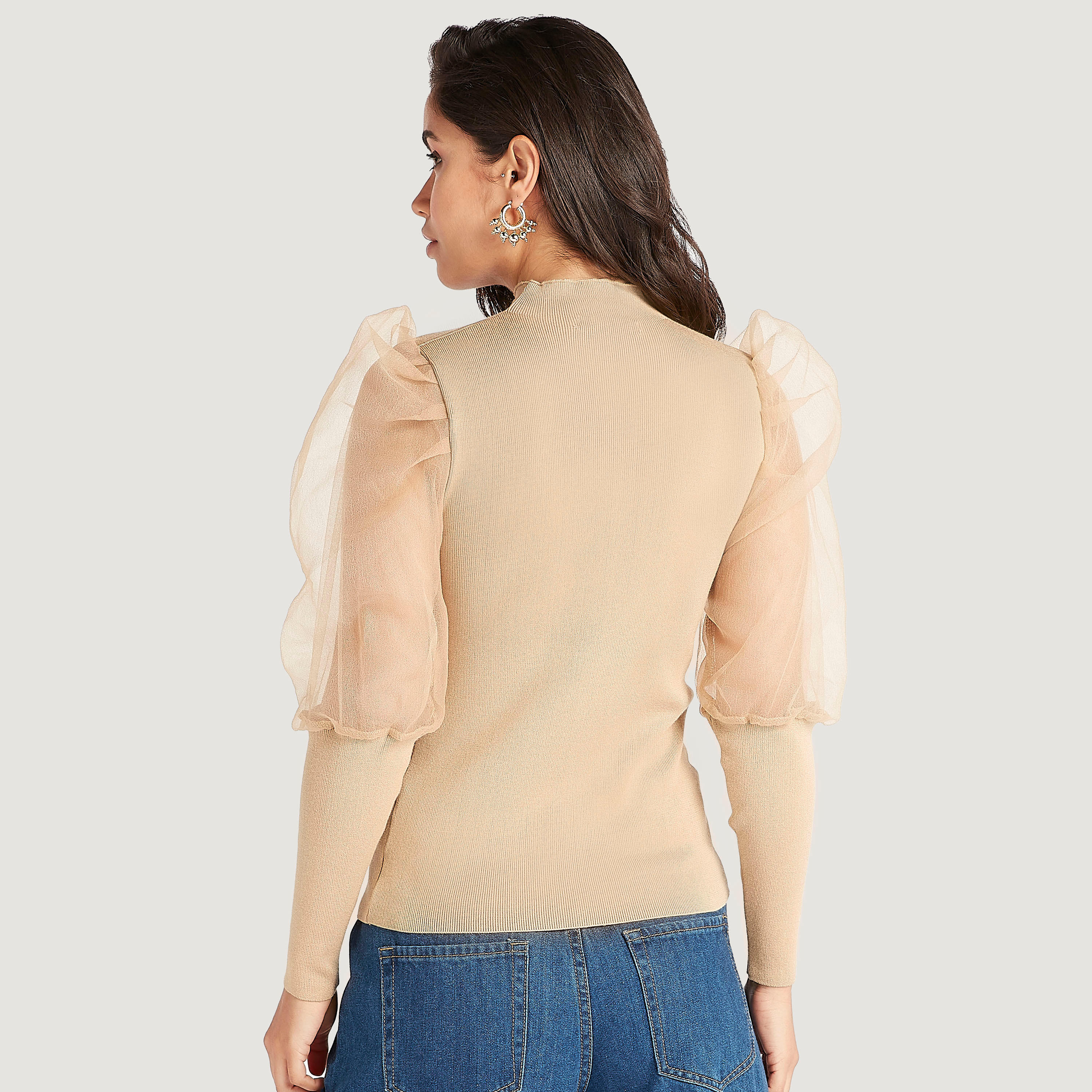 بلوزة سادة بأكمام طويلة منفوخة وياقة عالية من تو إكستريمز-women-clothing-shirtsandblouses-blouses-image-3