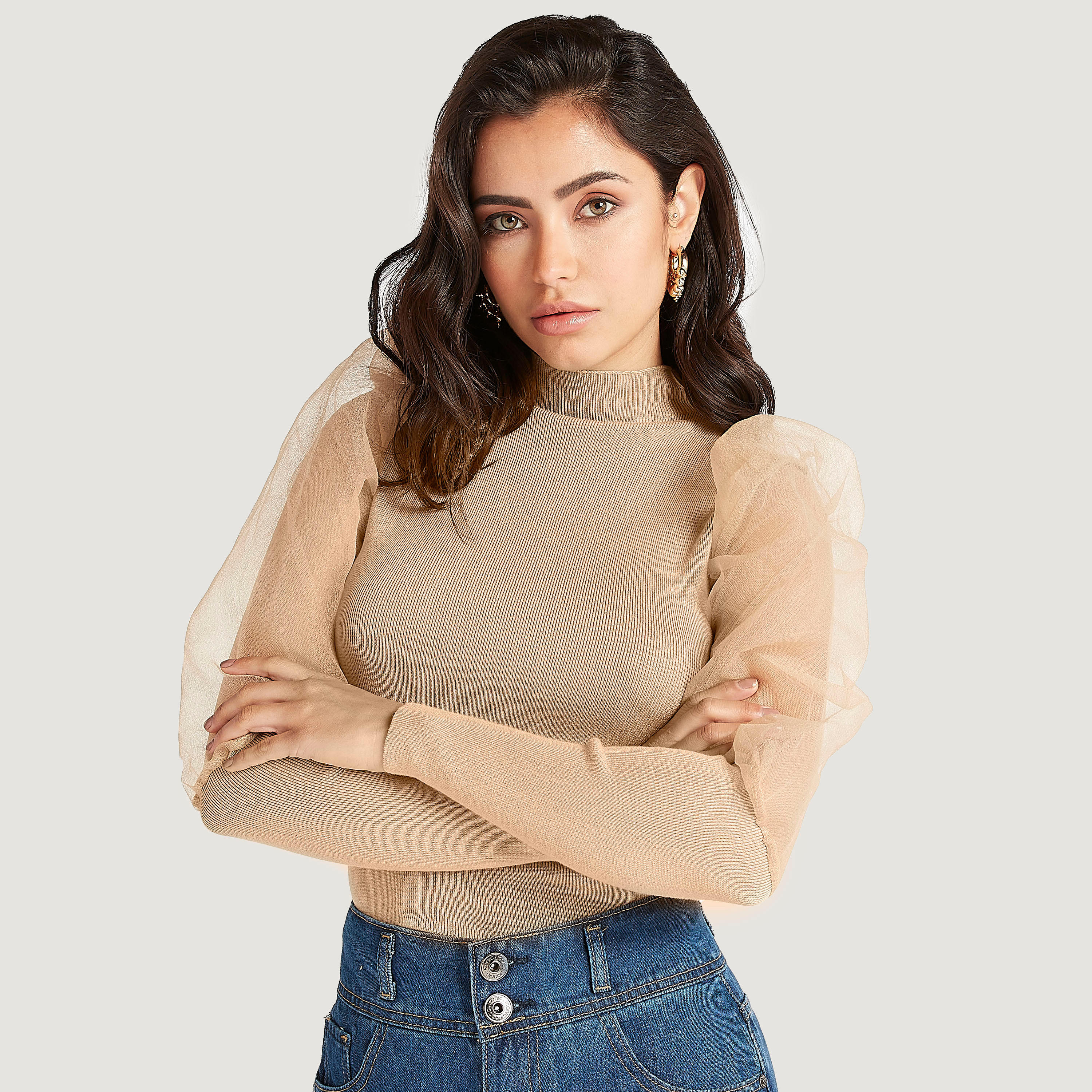 بلوزة سادة بأكمام طويلة منفوخة وياقة عالية من تو إكستريمز-women-clothing-shirtsandblouses-blouses-image-2