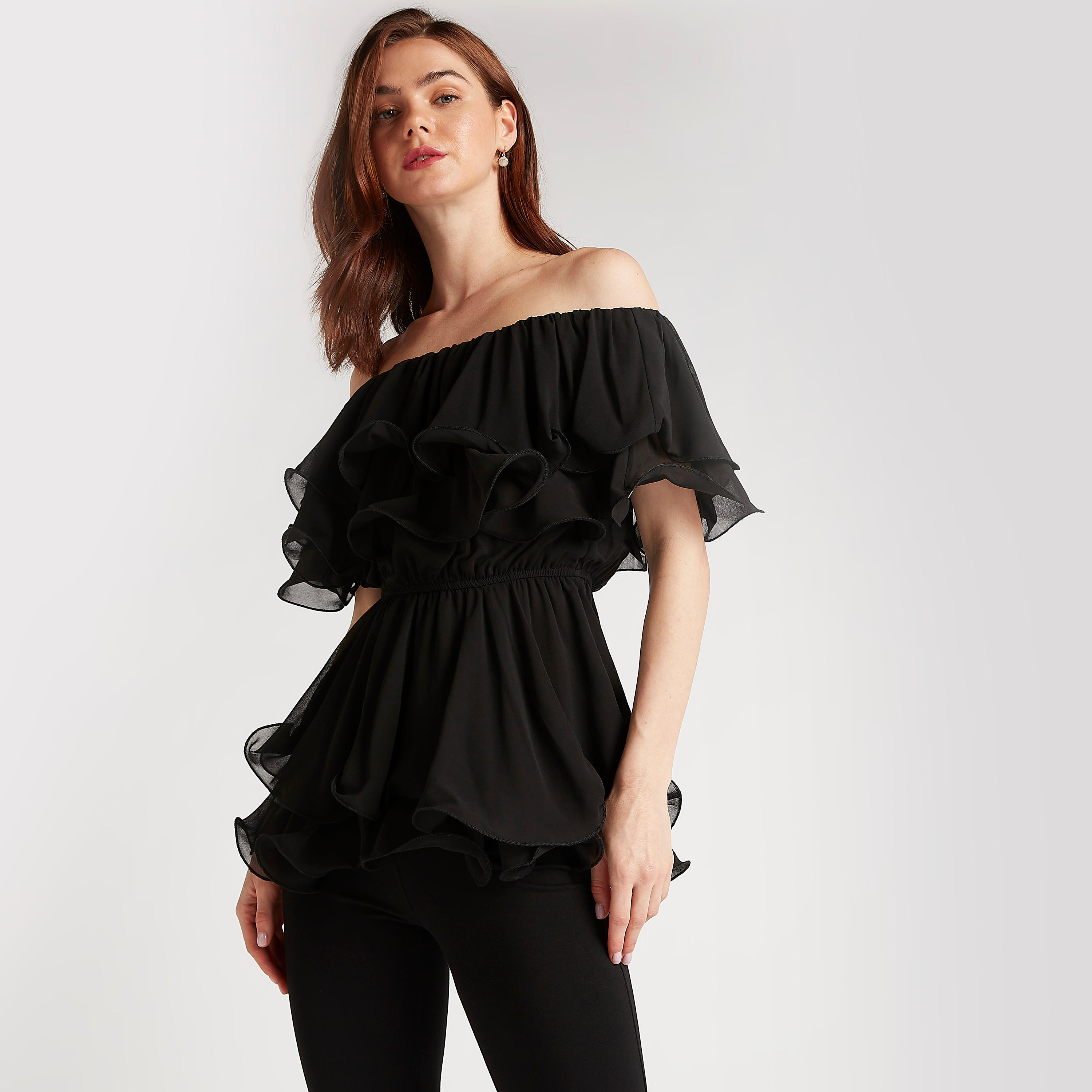 2Xtremz Solid Bardot Neck Blouse with Short Sleeves and Ruffles-women-clothing-shirtsandblouses-blouses-image-1