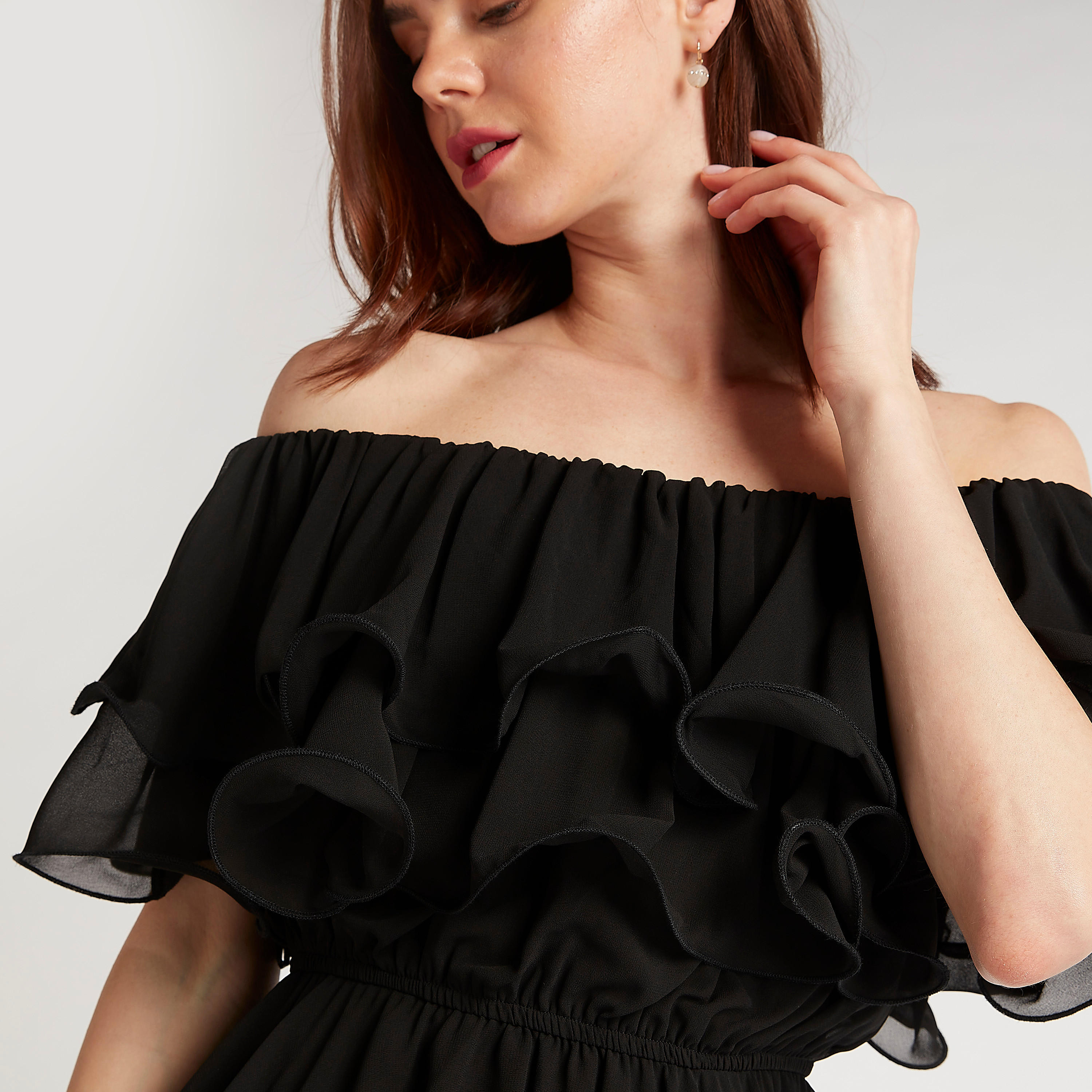2Xtremz Solid Bardot Neck Blouse with Short Sleeves and Ruffles-women-clothing-shirtsandblouses-blouses-image-3