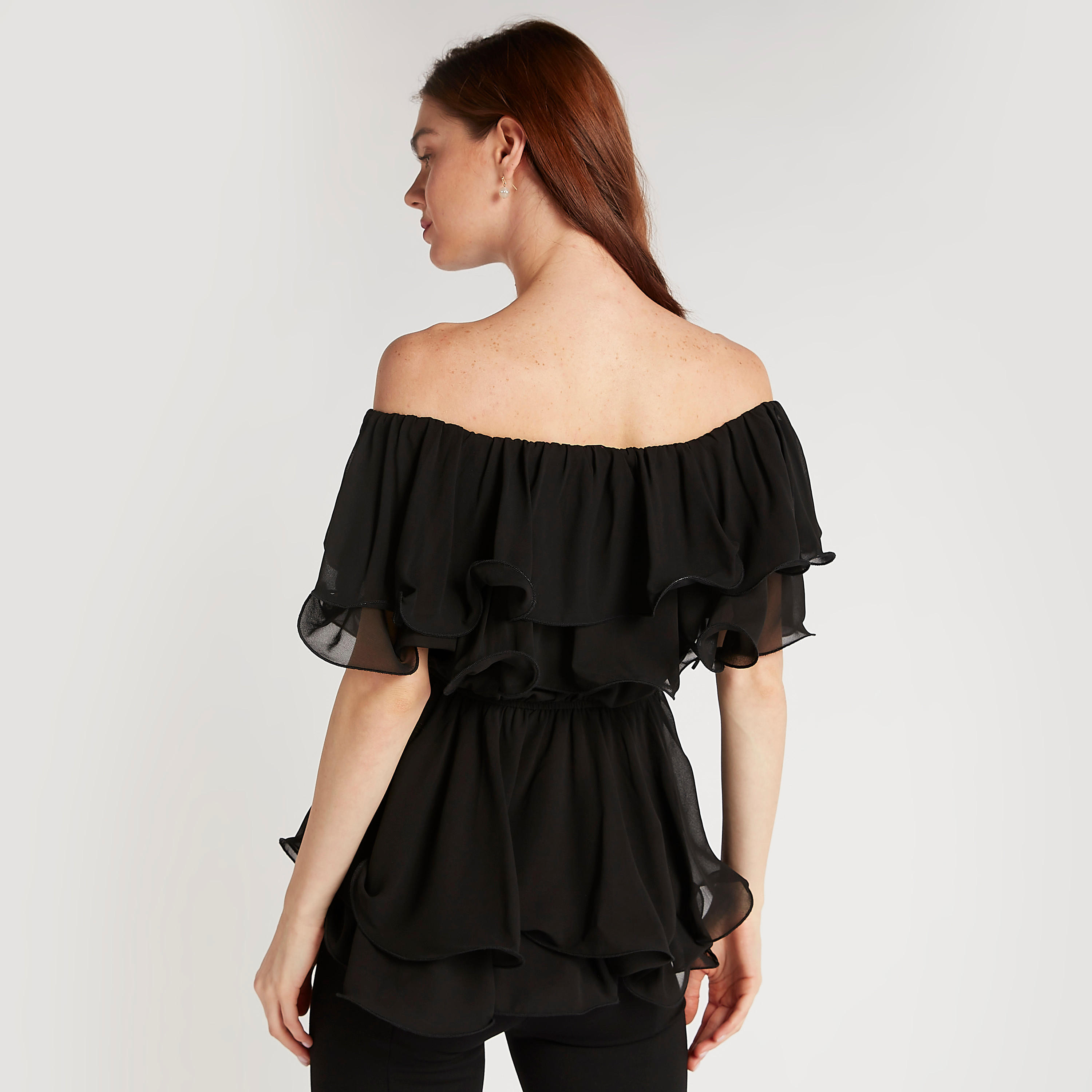 2Xtremz Solid Bardot Neck Blouse with Short Sleeves and Ruffles-women-clothing-shirtsandblouses-blouses-image-4