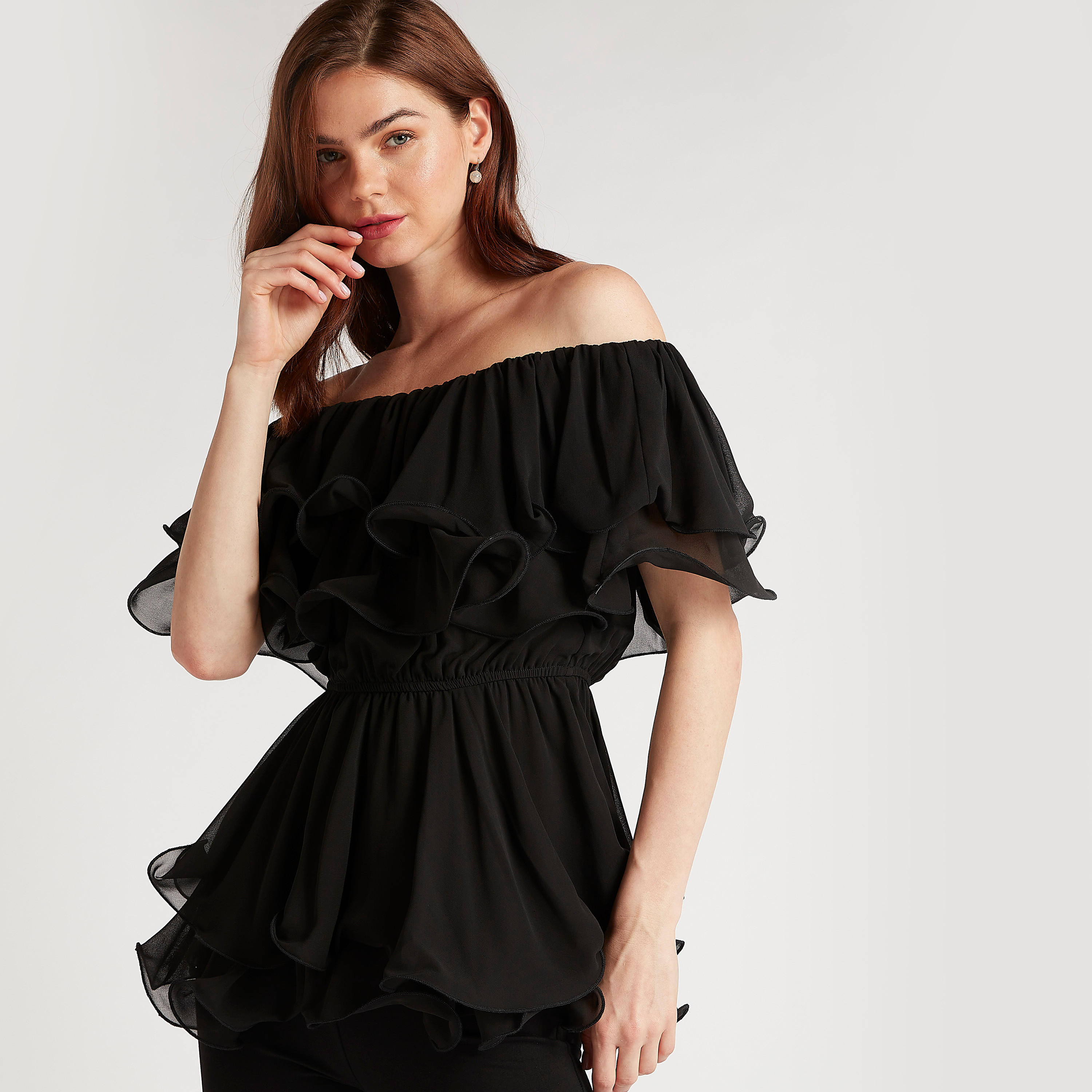 2Xtremz Solid Bardot Neck Blouse with Short Sleeves and Ruffles-women-clothing-shirtsandblouses-blouses-image-5